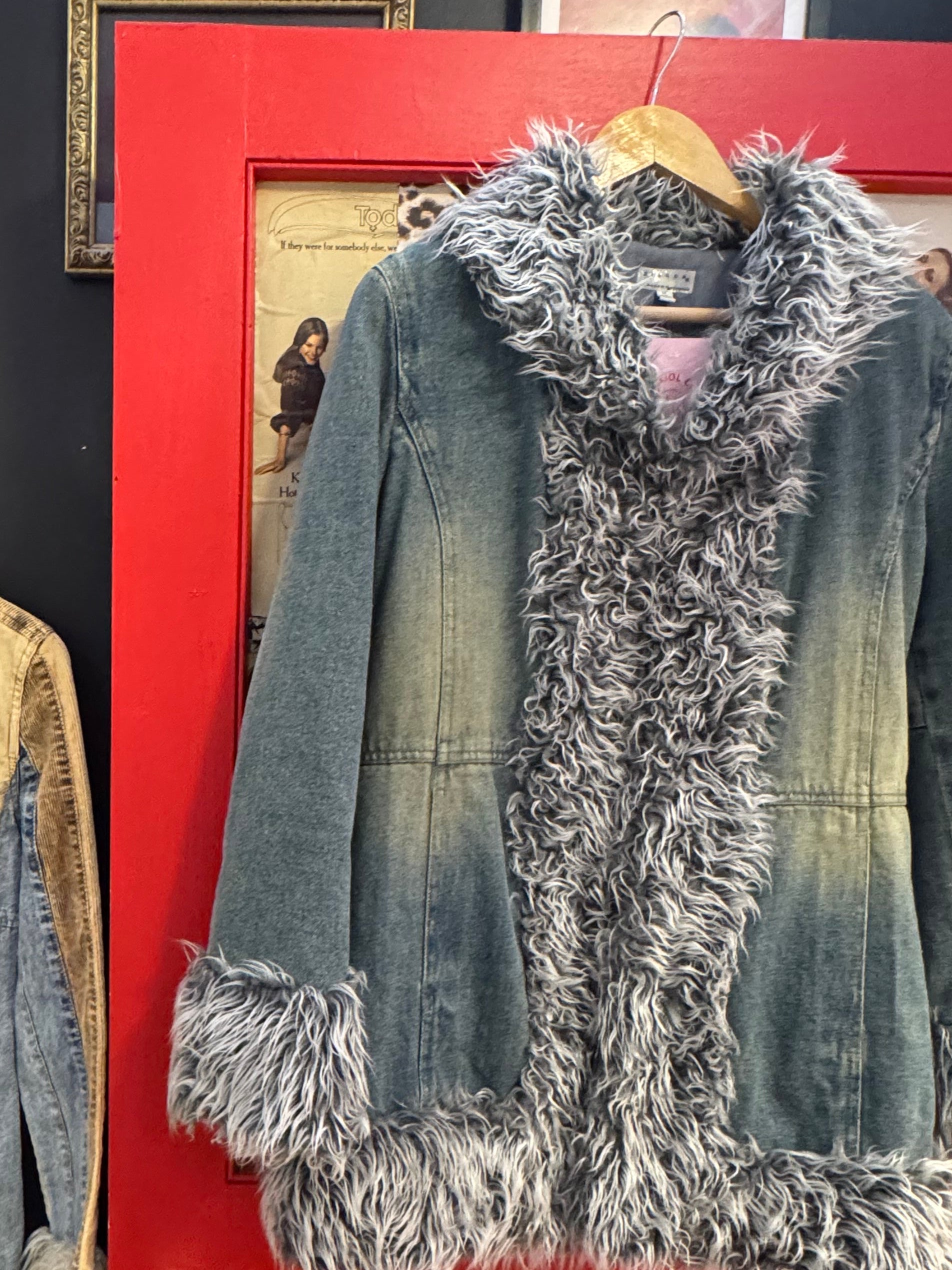 Blue giacca Denim fur trim jacket, M