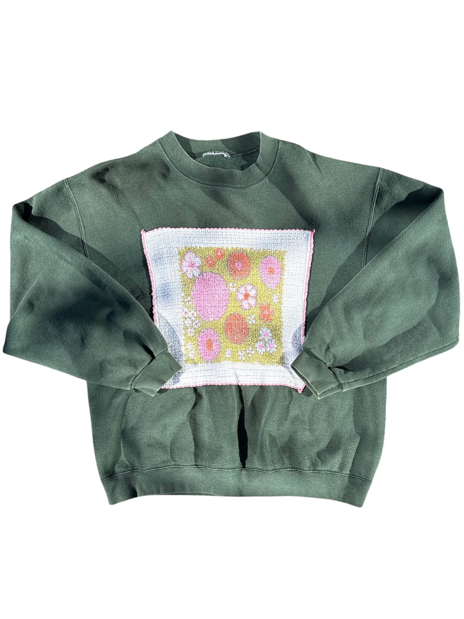 Gray green pink  Kneedlework patch crewneck M/L