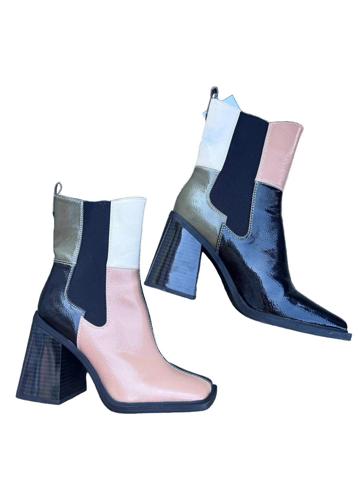 tan black green circus square toed colorblock booties, 8.5