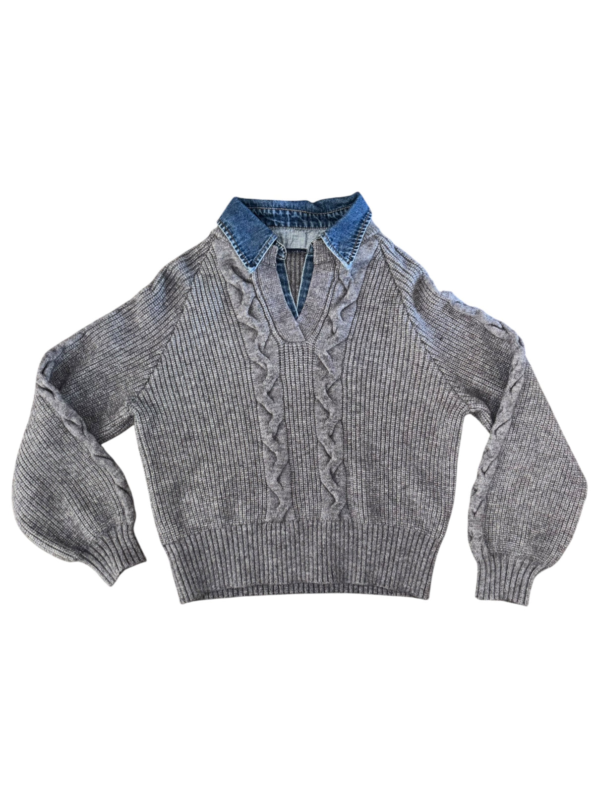 grey blue commense sweater w denim collar, s