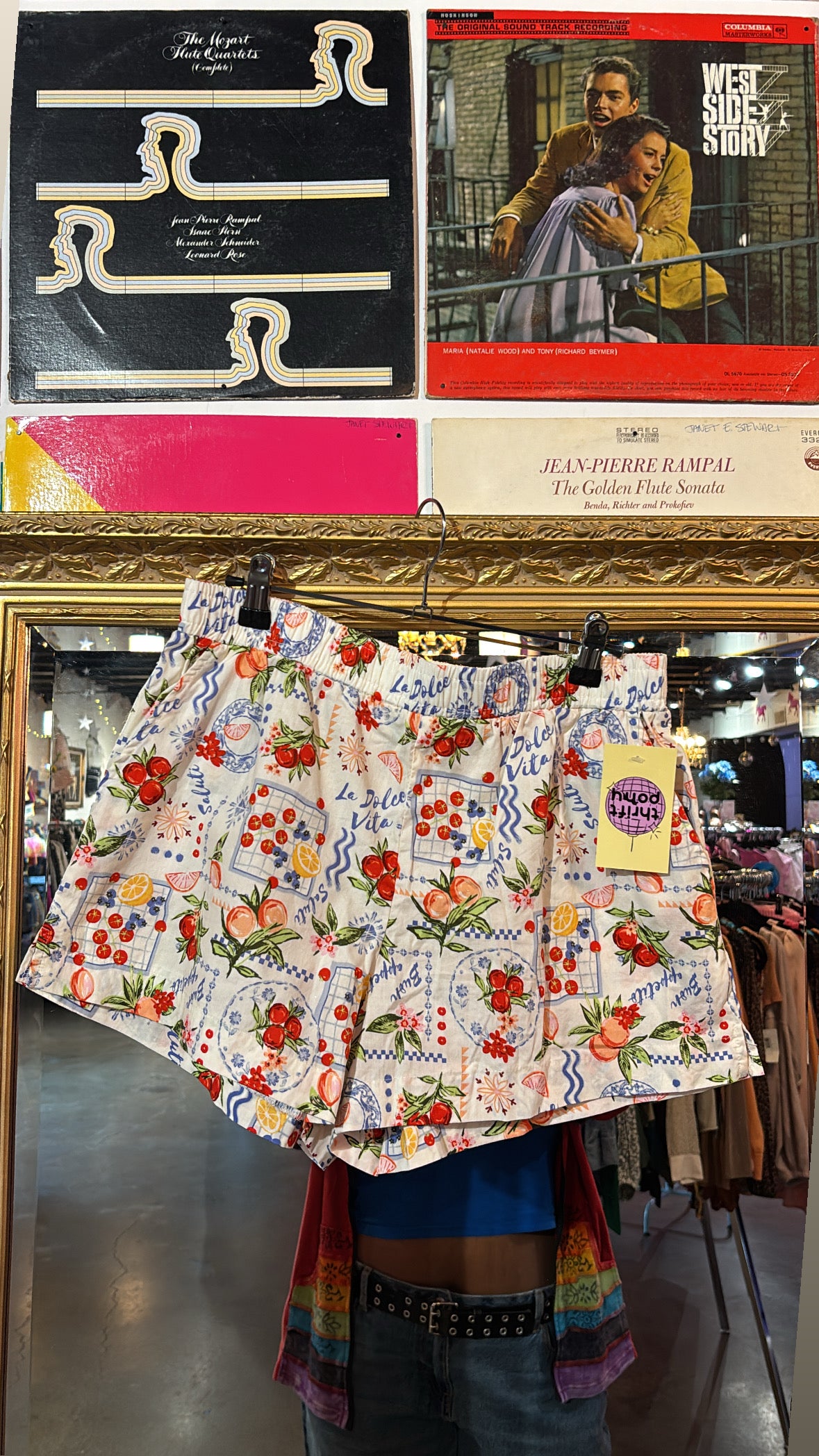 white red blue vinyl tomato shorts, m