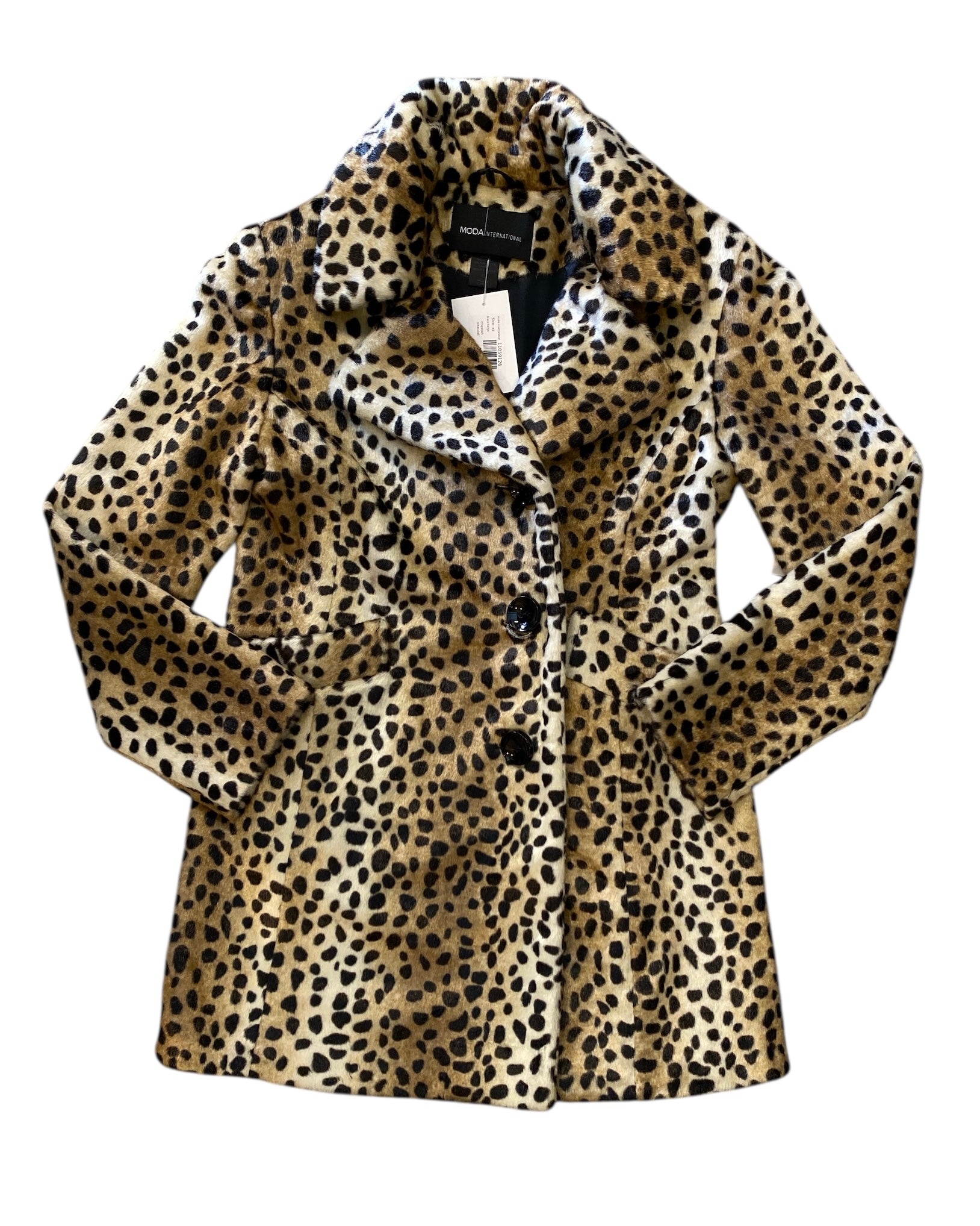 black beige moda international cheetah peacoat, xs