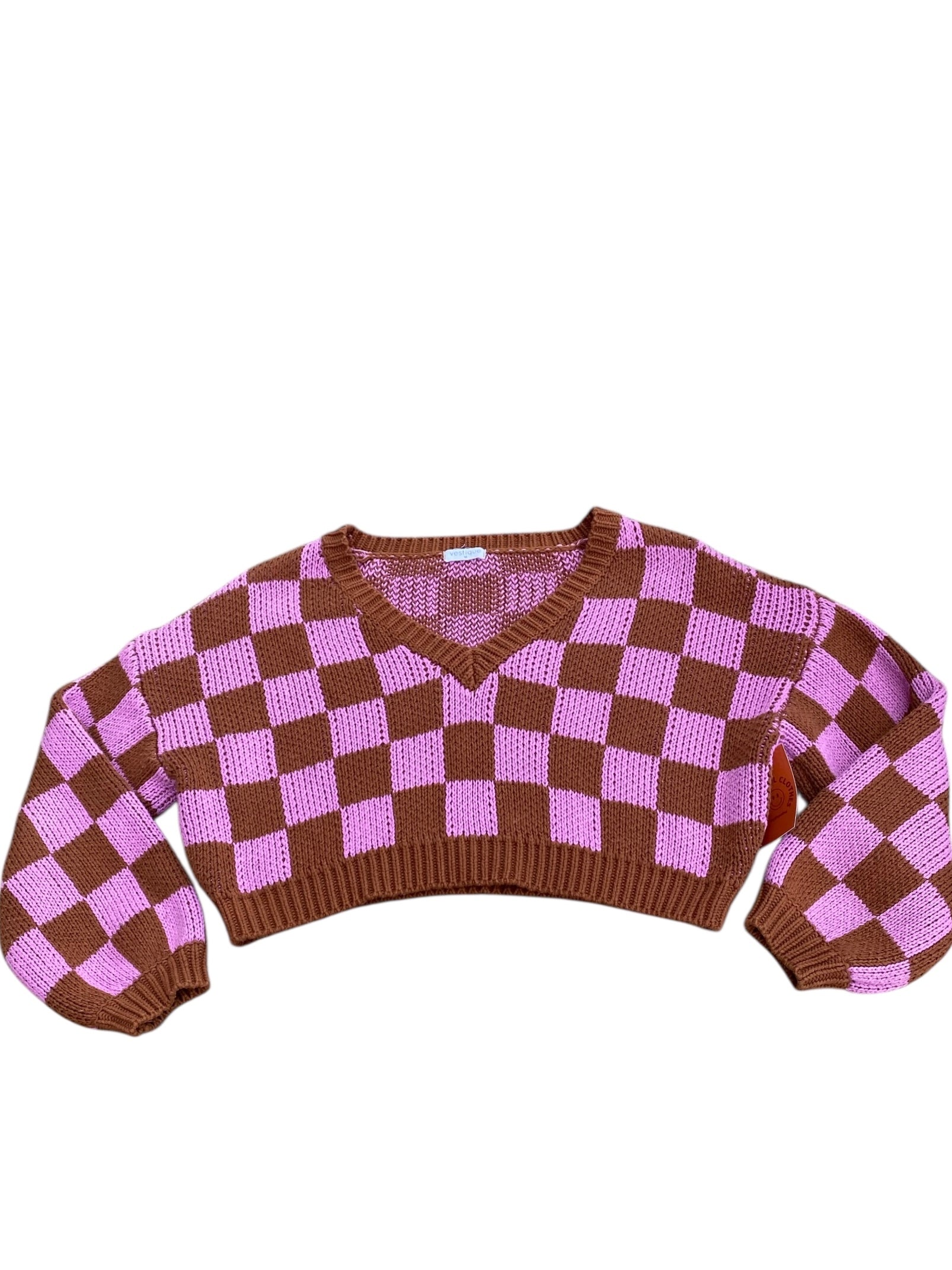 brown pink vestiwue v neck checkered sweater, m