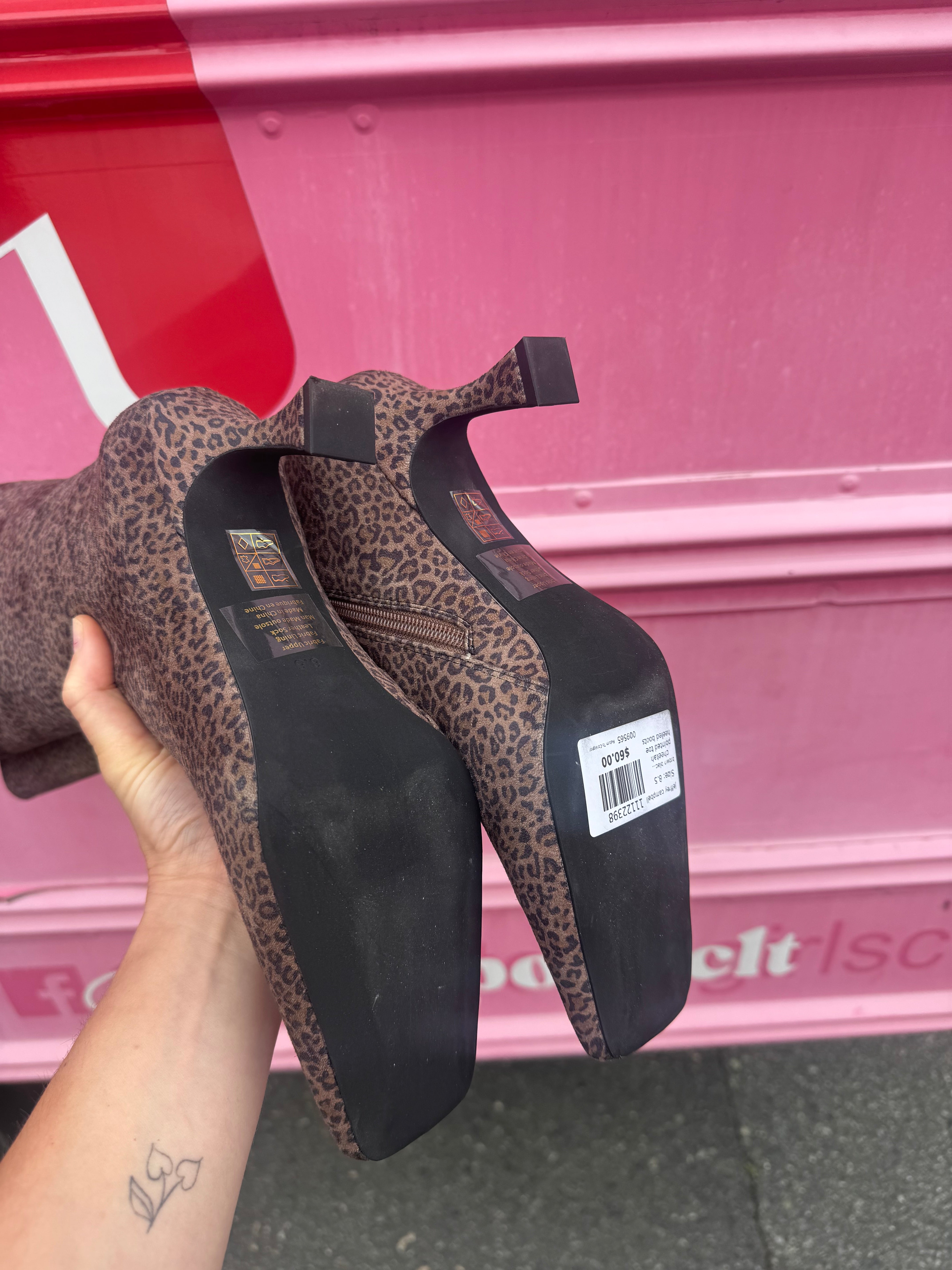 brown black jeffrey campbell cheetah pointed toe heeled boots, 8.5