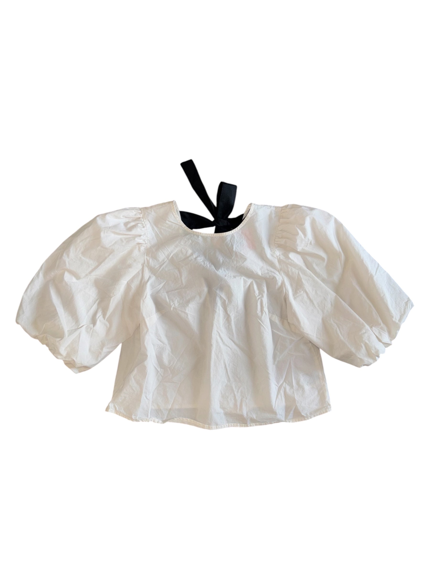 white black divided puff sleeve bow back top, m