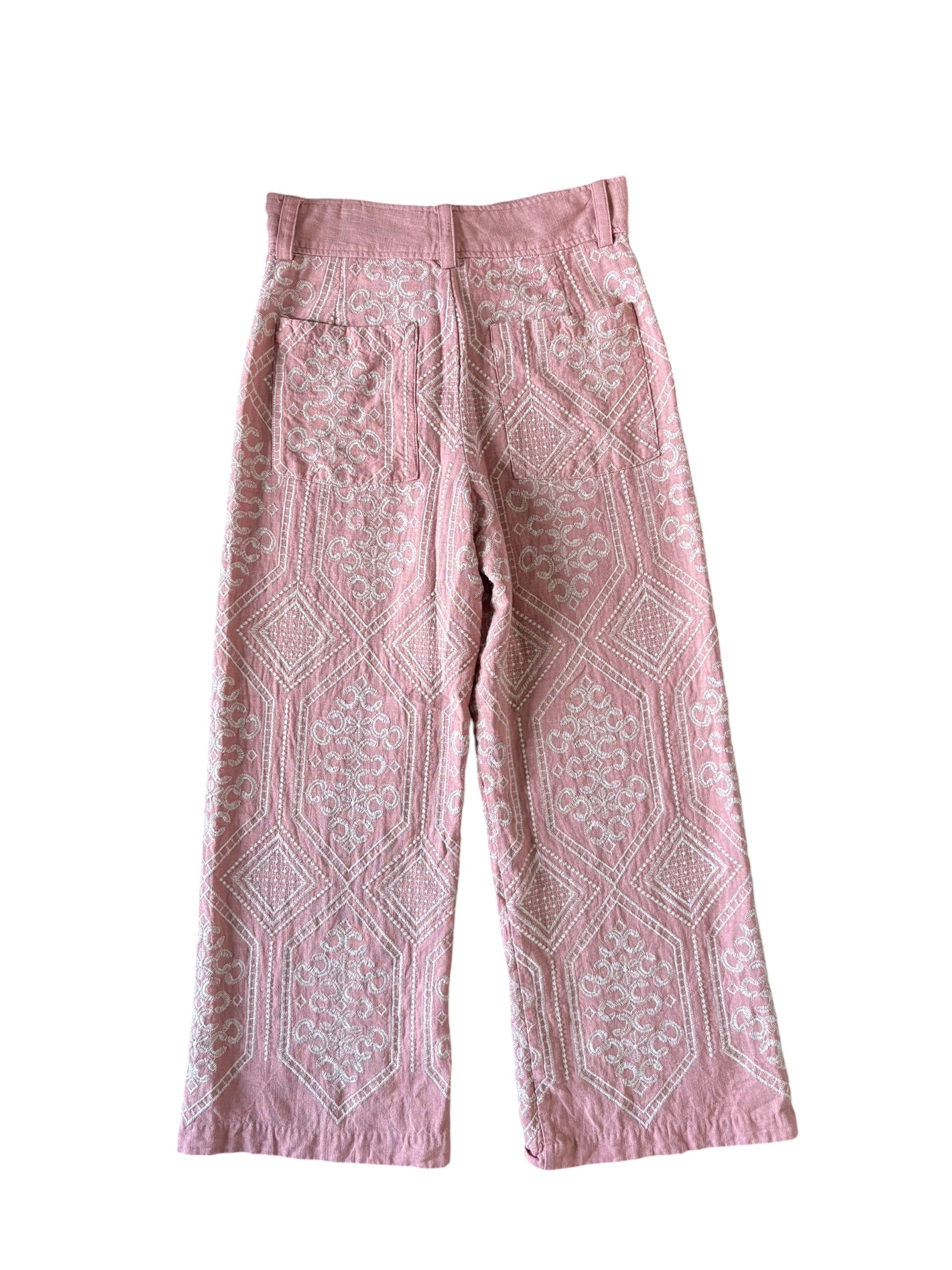 pink white joie embroidered linen pant, 6