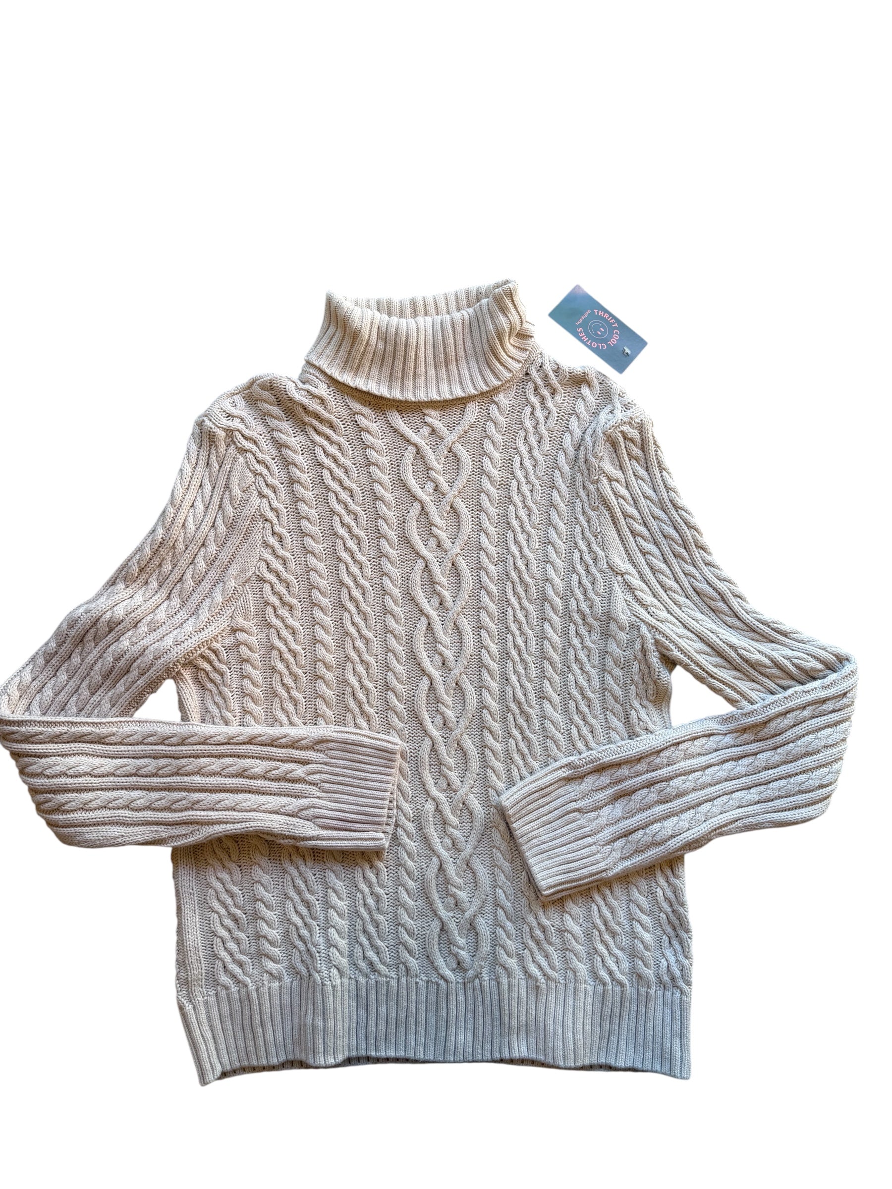 tan jeanne pierre cableknit turtleneck, L