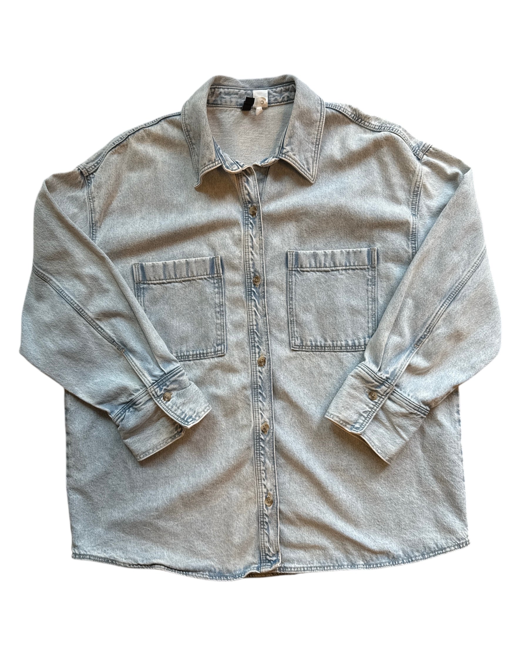 blue divided denim button down, m