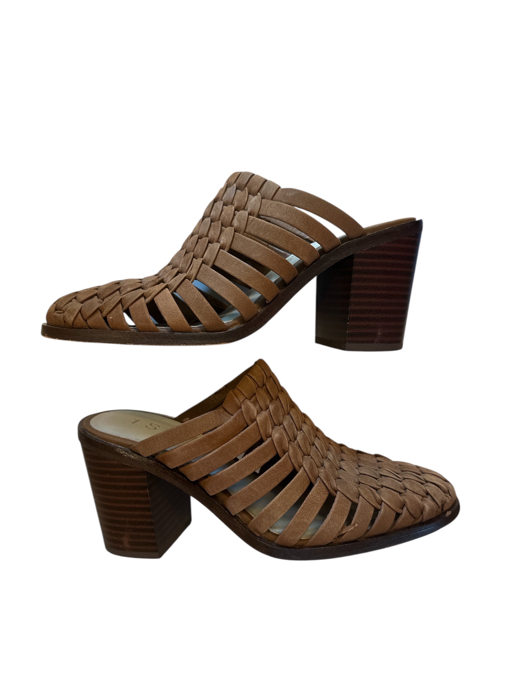 Brown 1 state Woven leather mules, 5.5