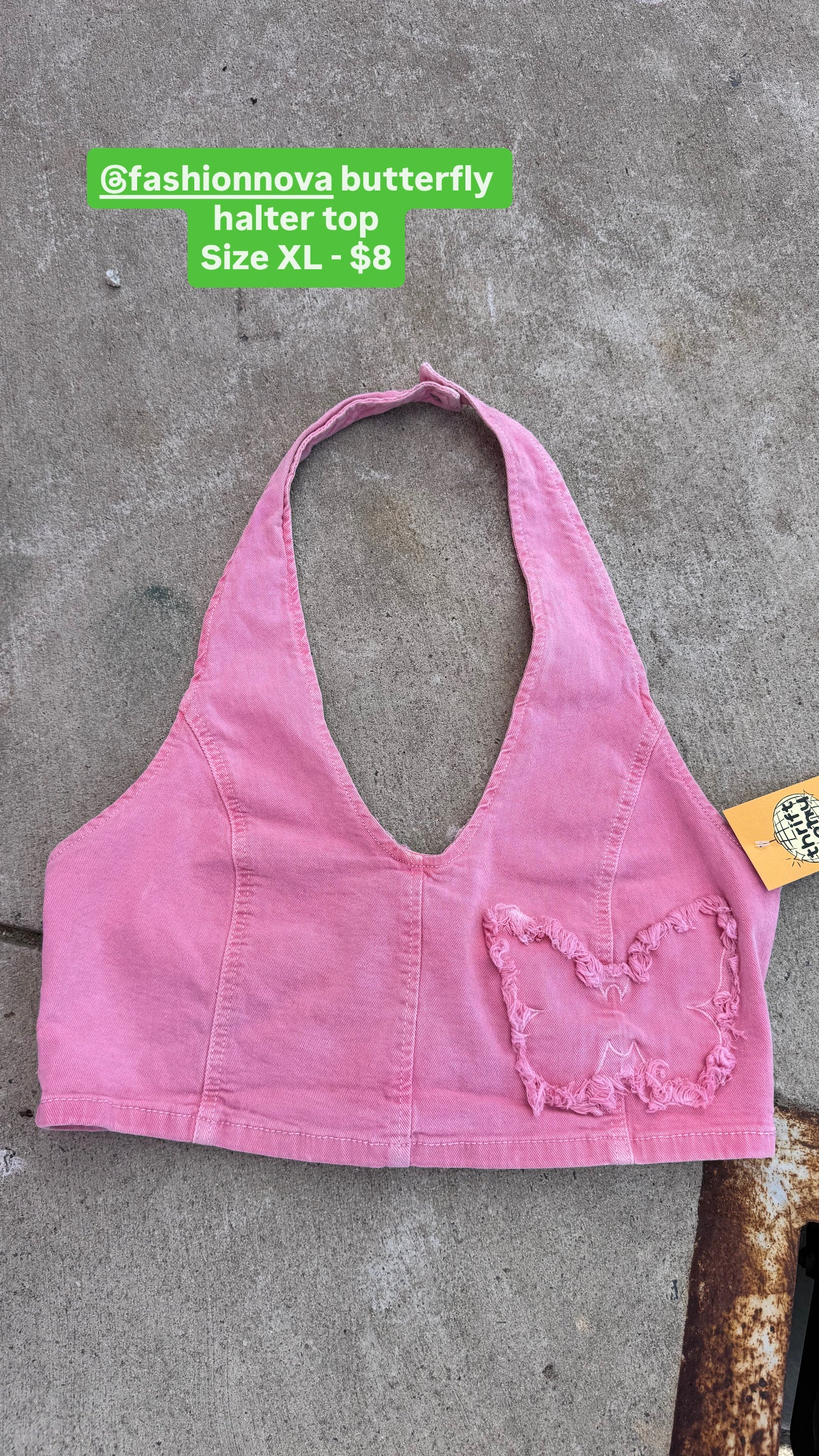 pink fashion nova denim halter top w butterfly, xl