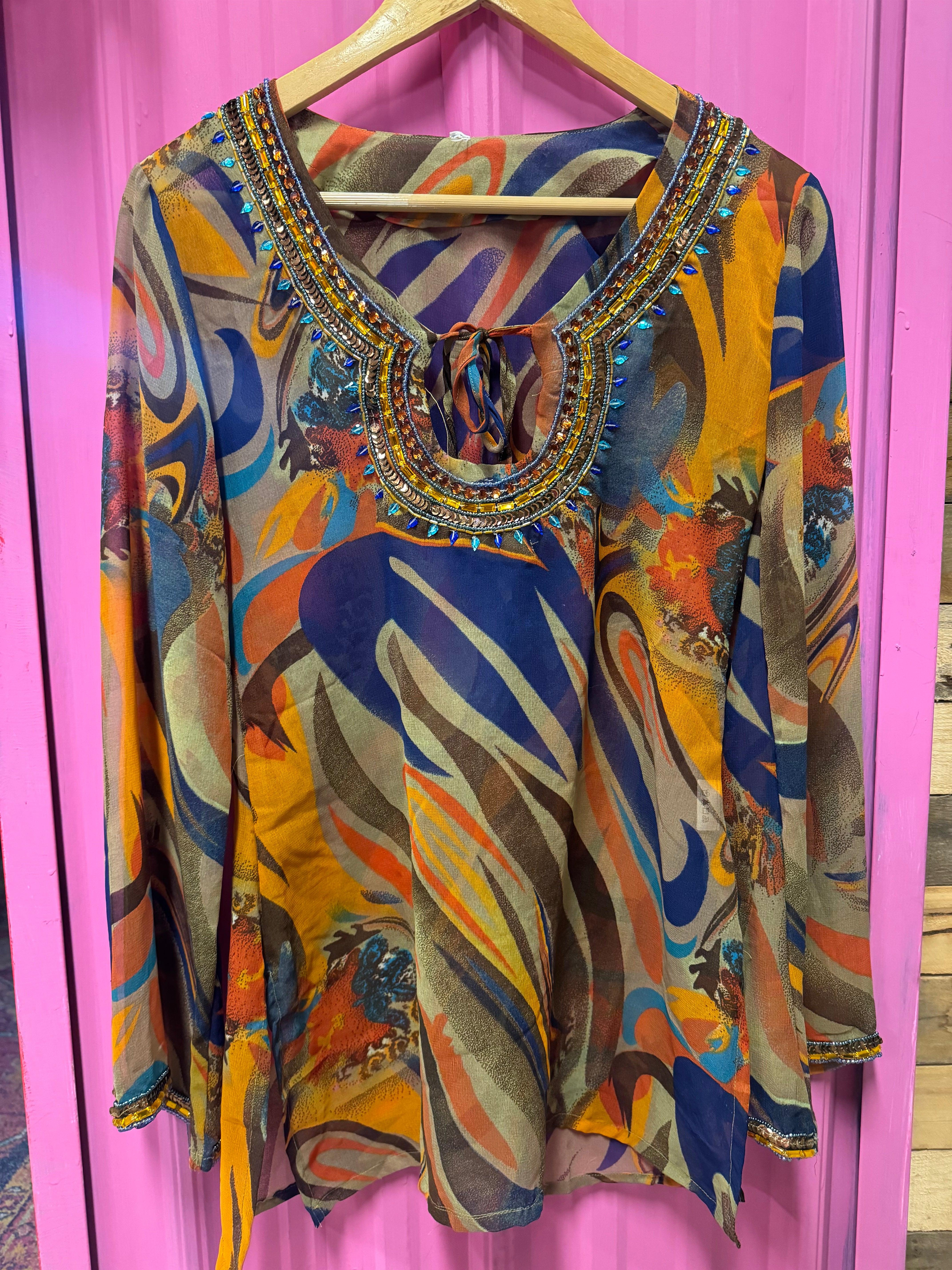 green blue orange  sheer patterned blouse w rhinestones size M