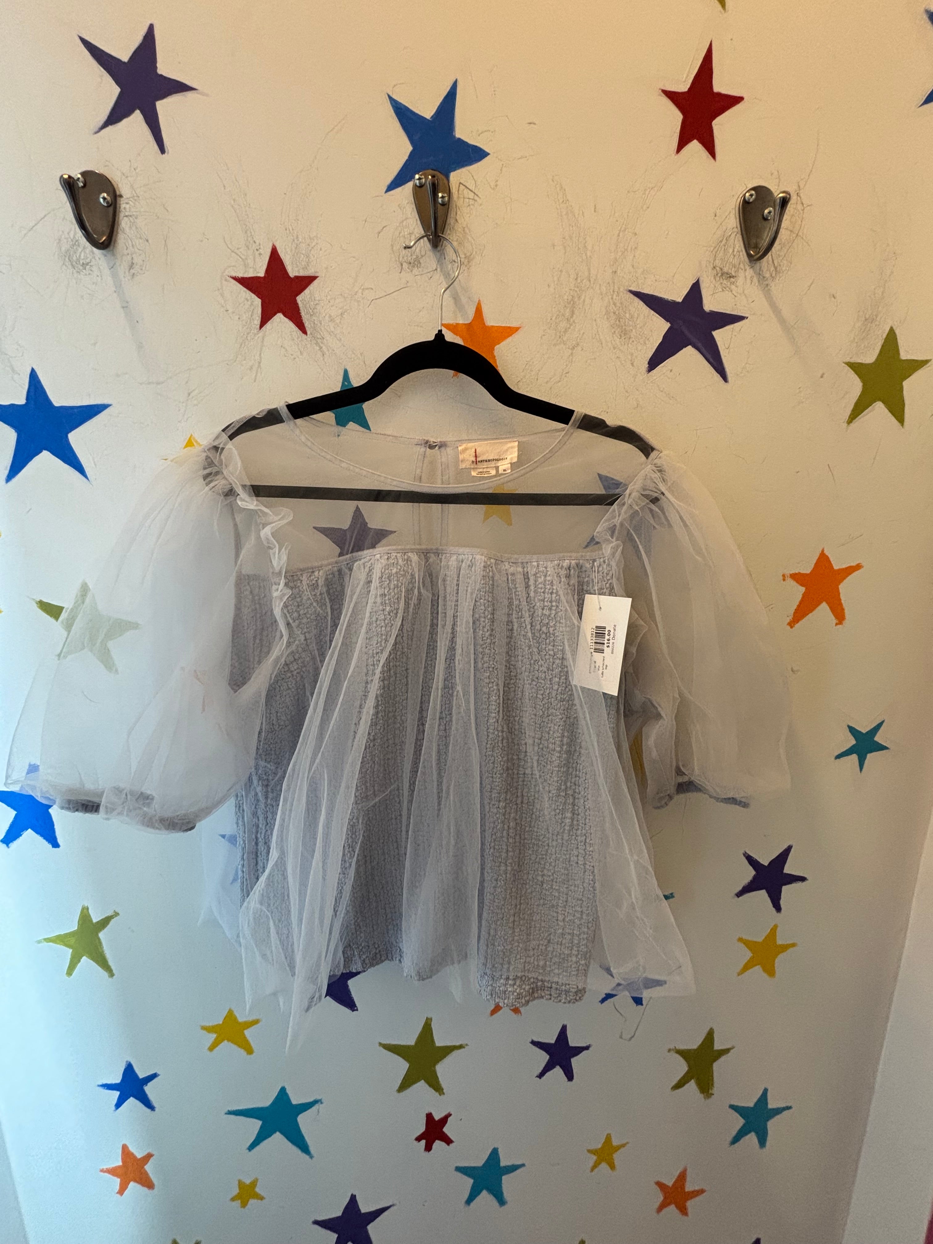 blue anthropologie tulle smocked top, xl