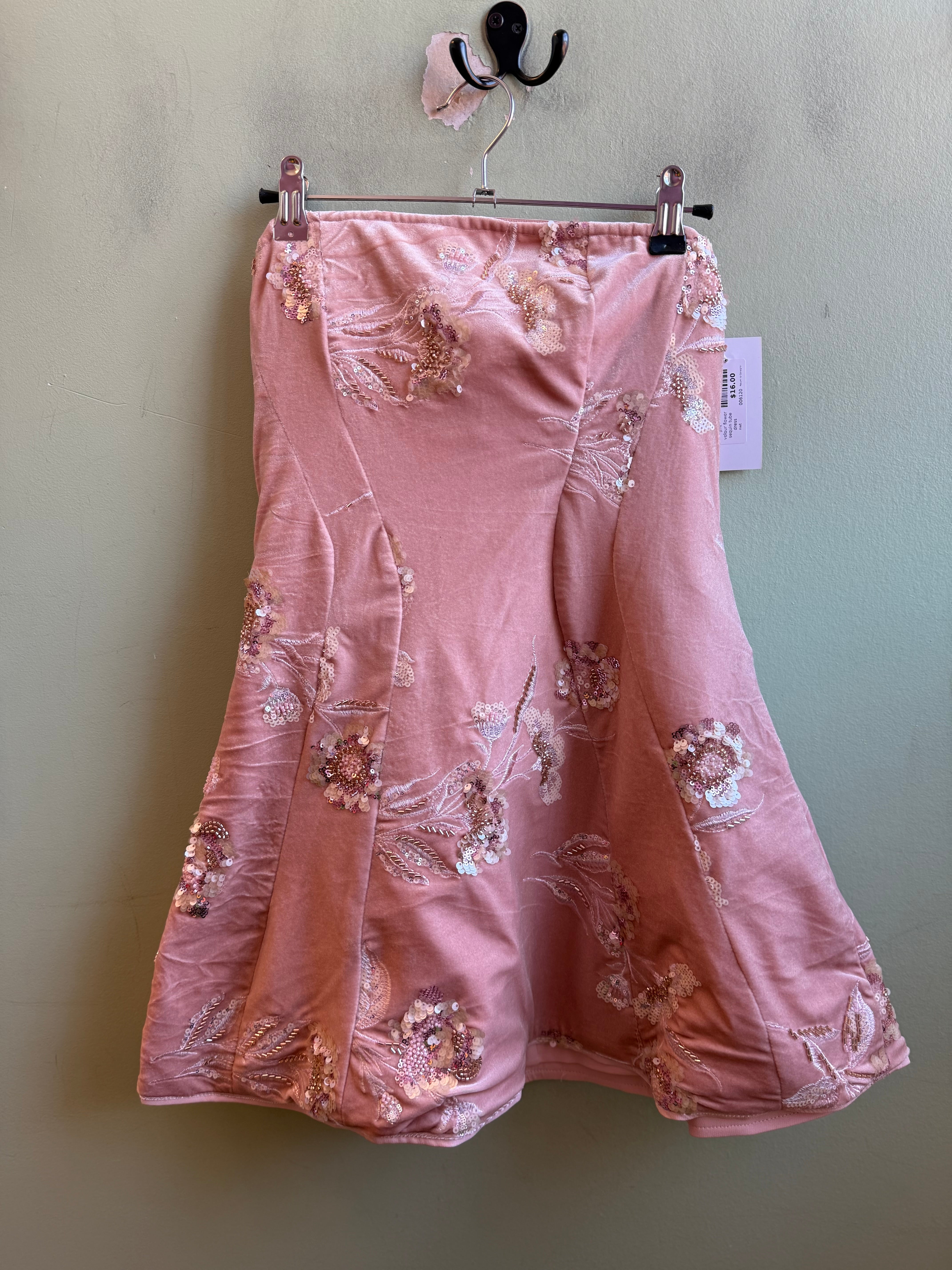 pink pretty little thing velour flower sequin tube dress, 4