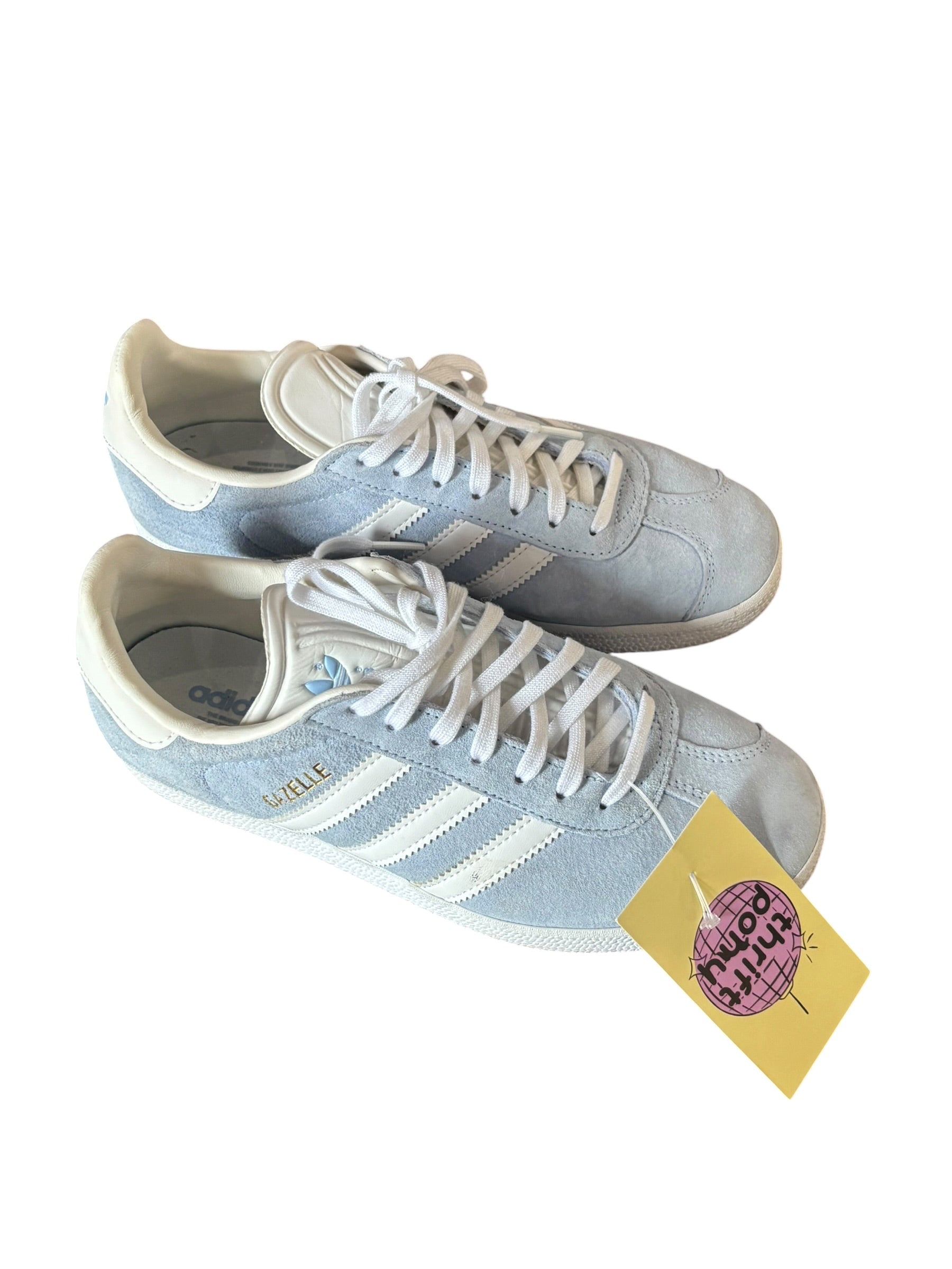 blue white adidas gazelle sneakers, 6.5