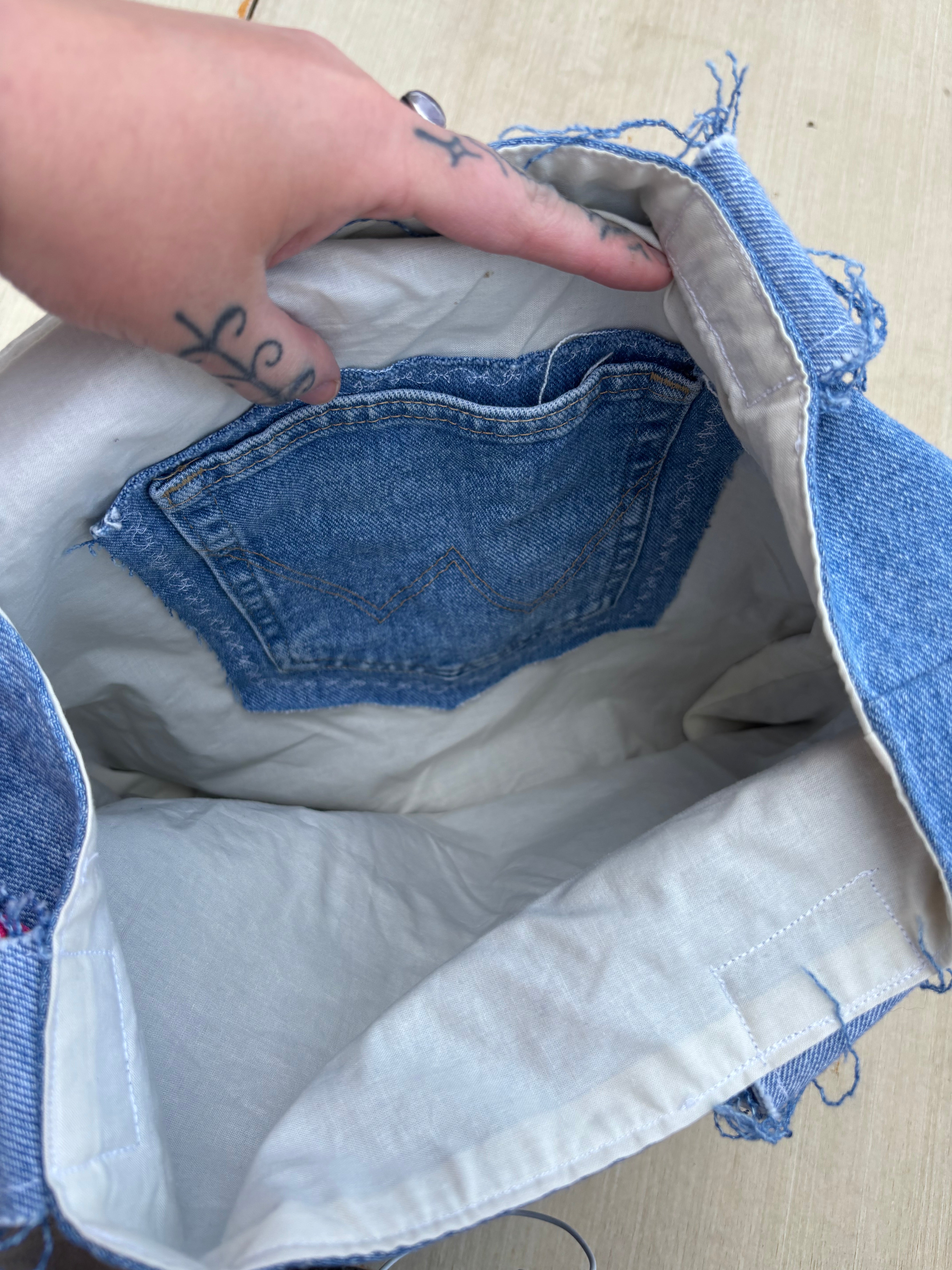 denim  upcycled bow bag