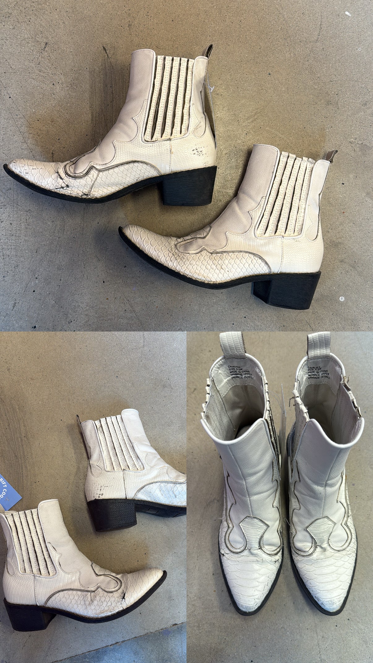 white coconuts snakeprint cowboy booties, 6.5