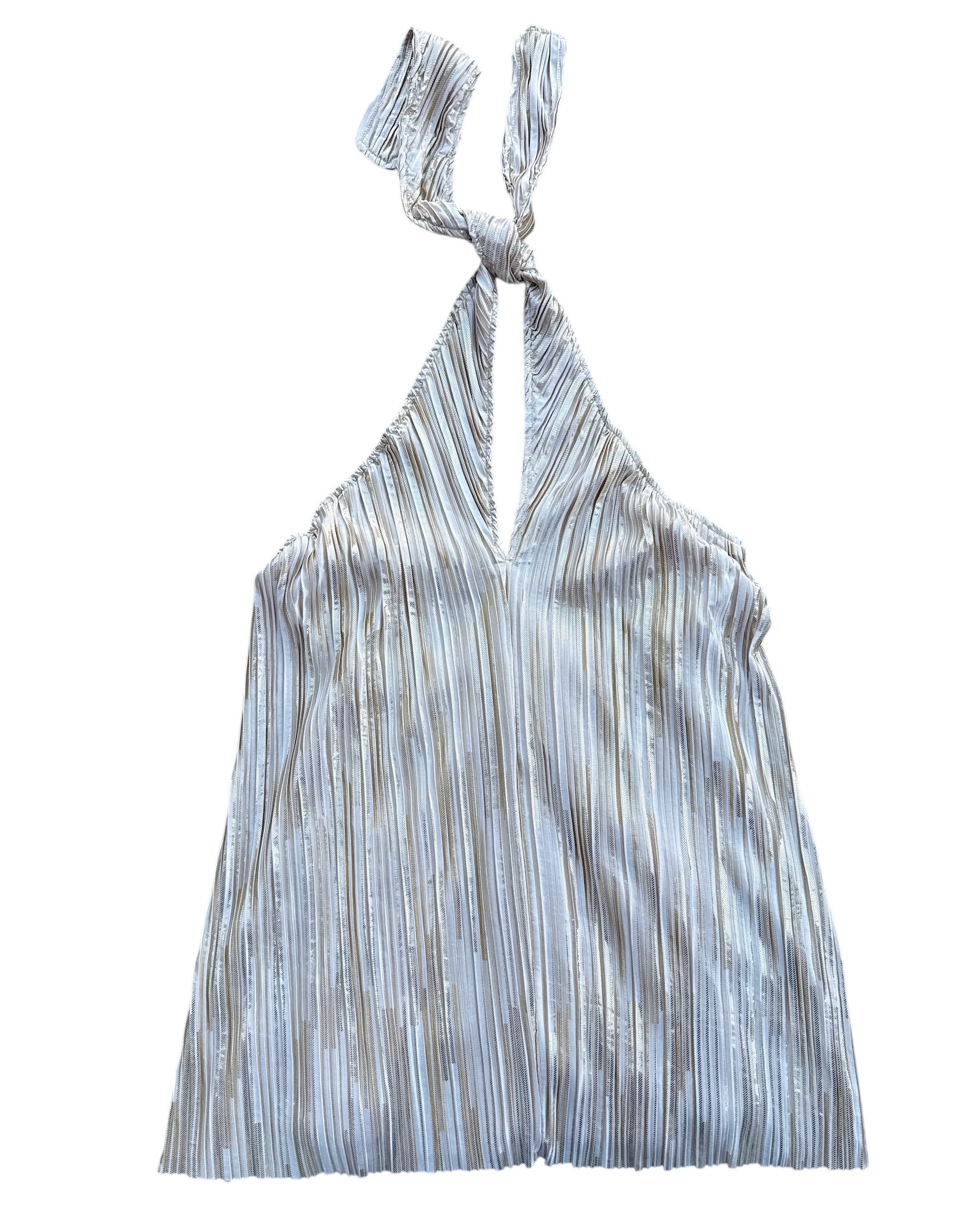 gold vici plisse metallic halter dress, L