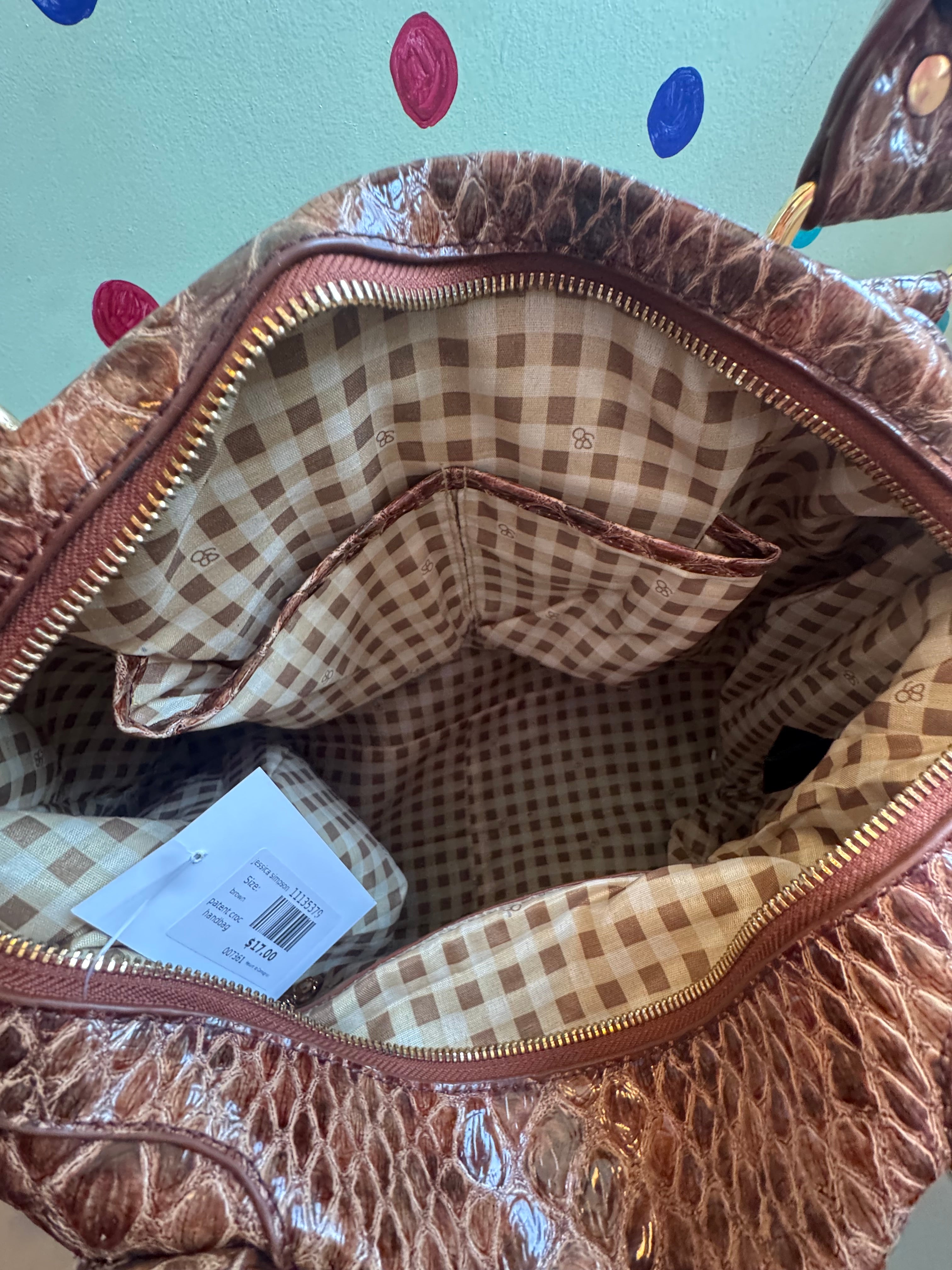 brown jessica simpson patent croc handbag