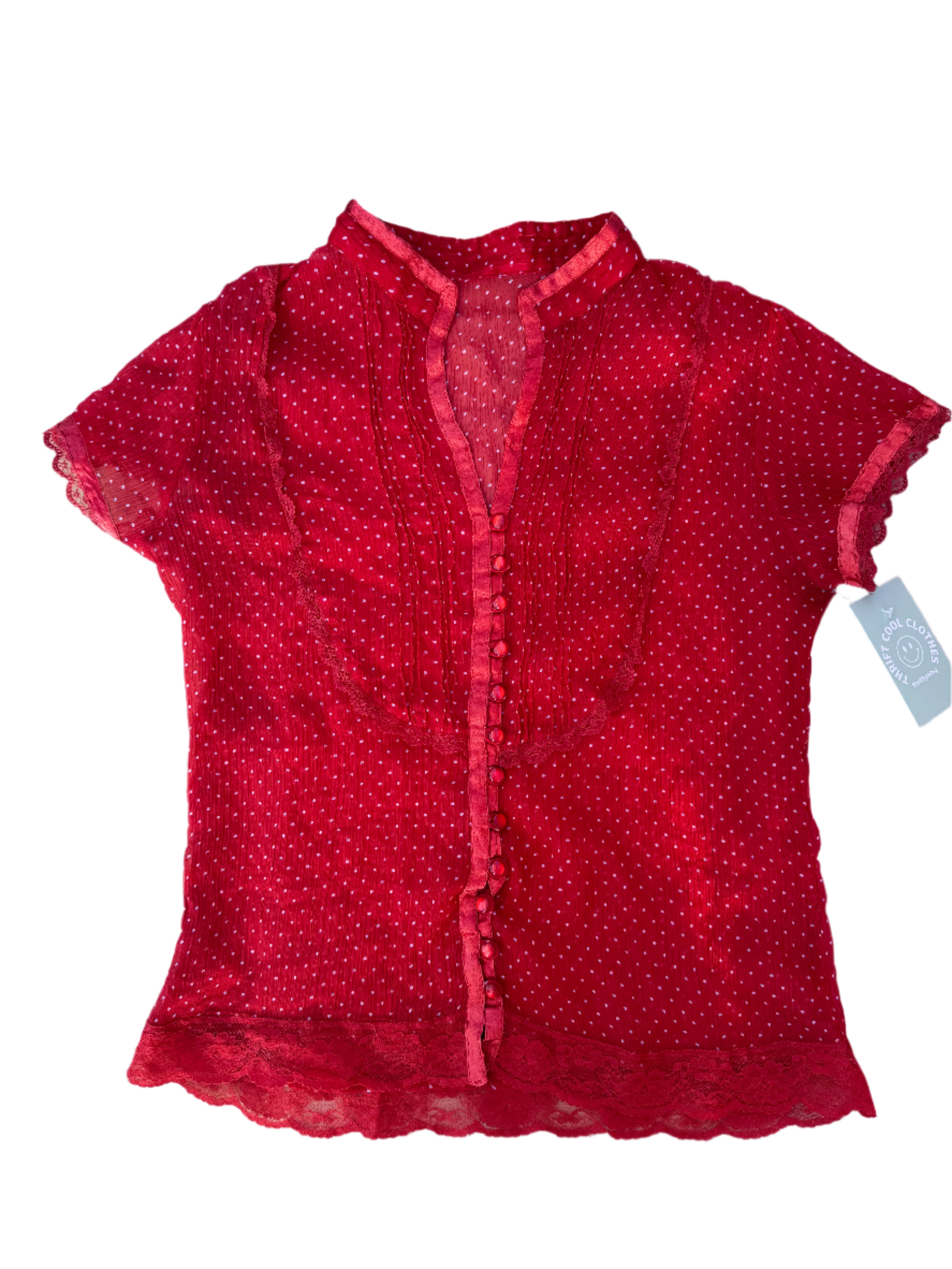 red  mesh polka dot fitted top, m