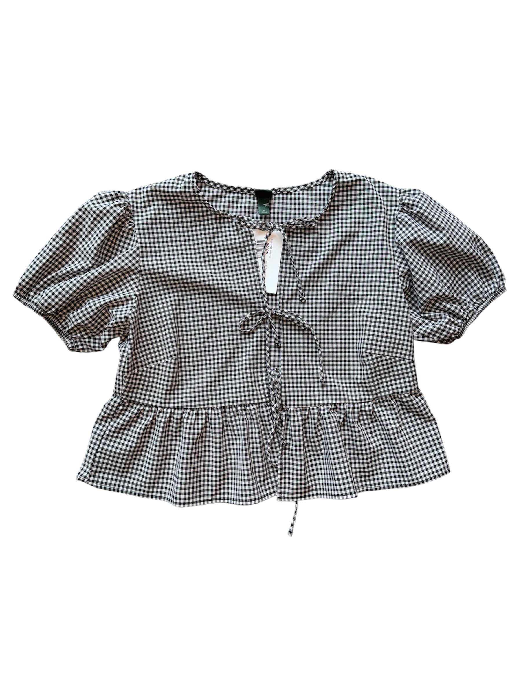gray white wild fable gingham puffy tie top, xs