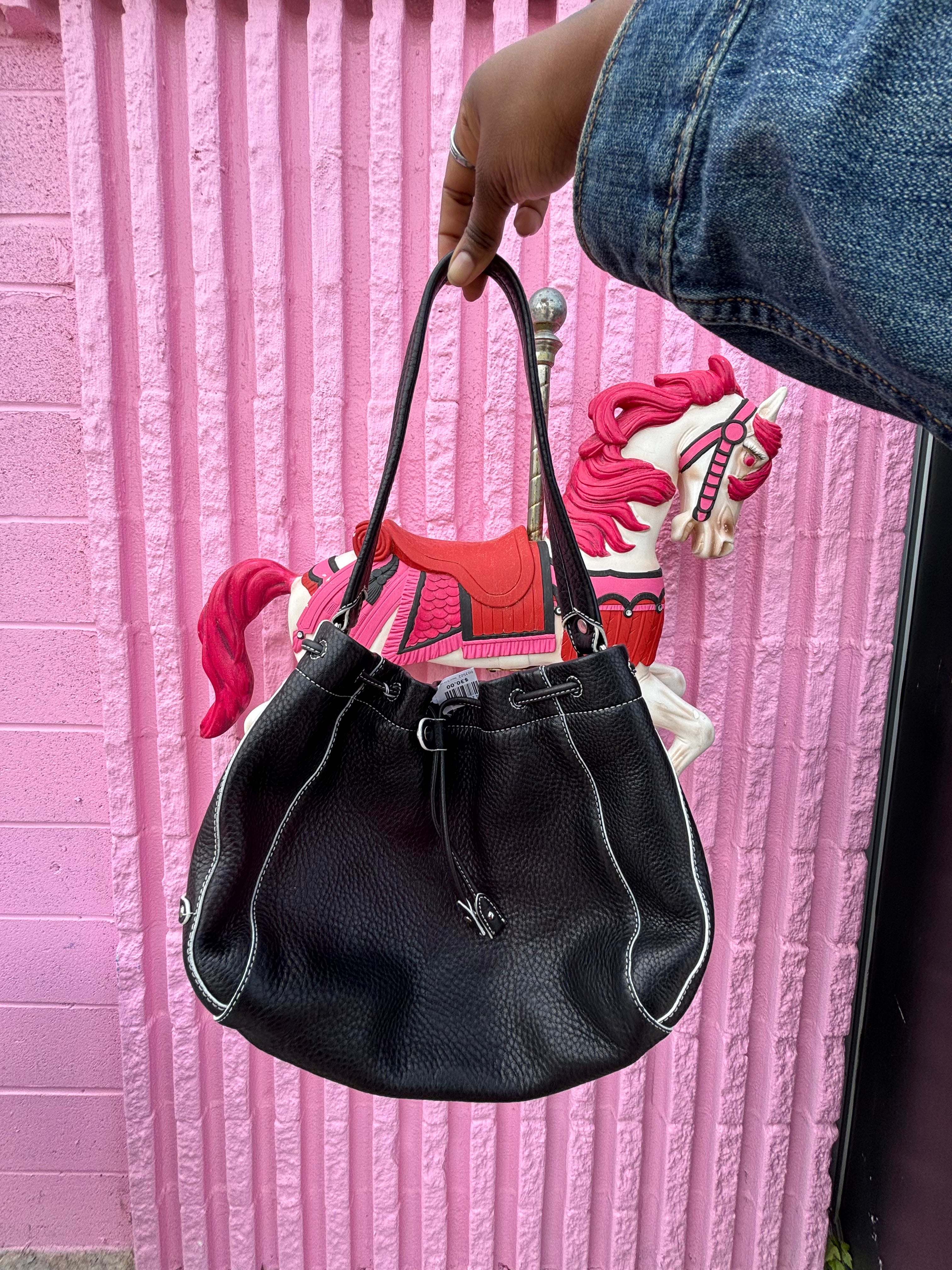 black cole haan leather bucket bag