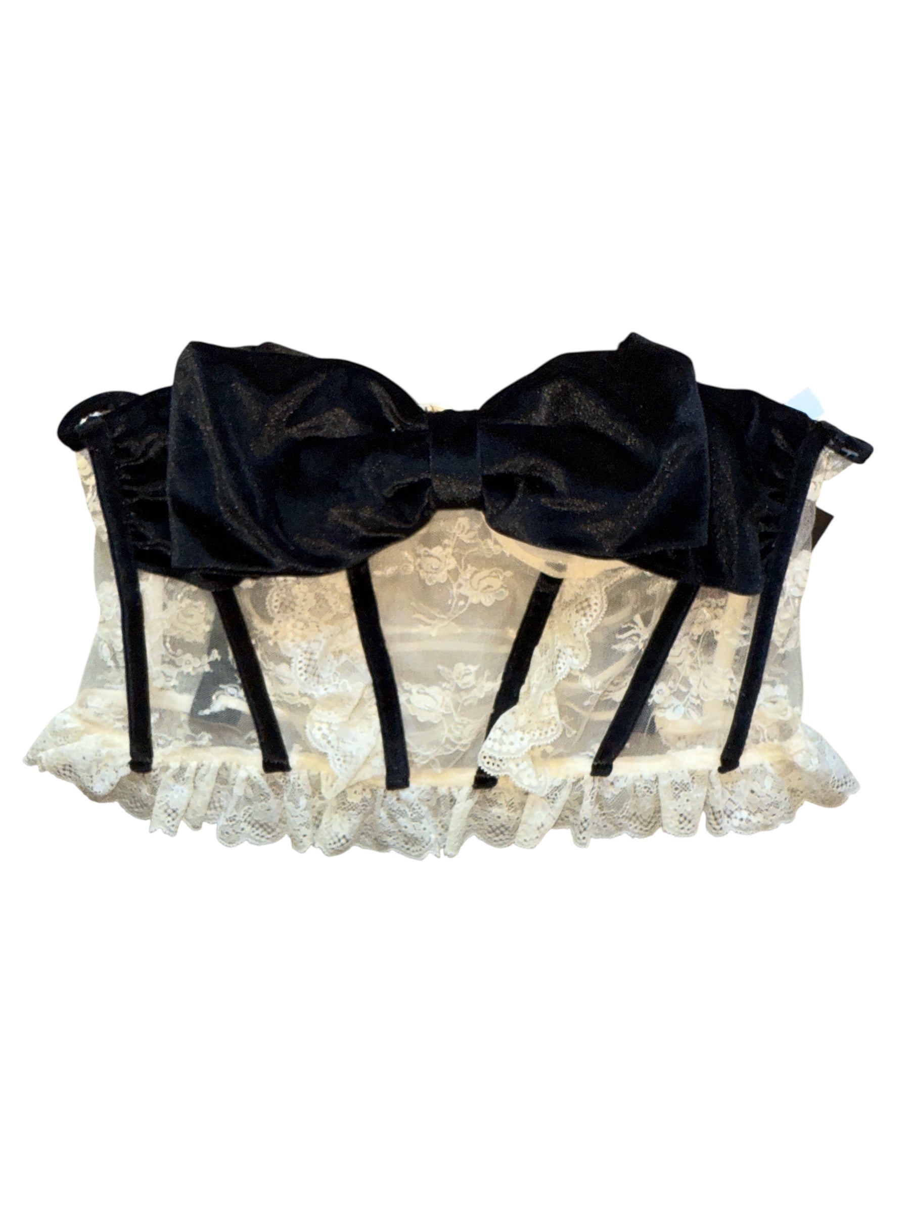 cream black out from under lace corset w velour bow, m