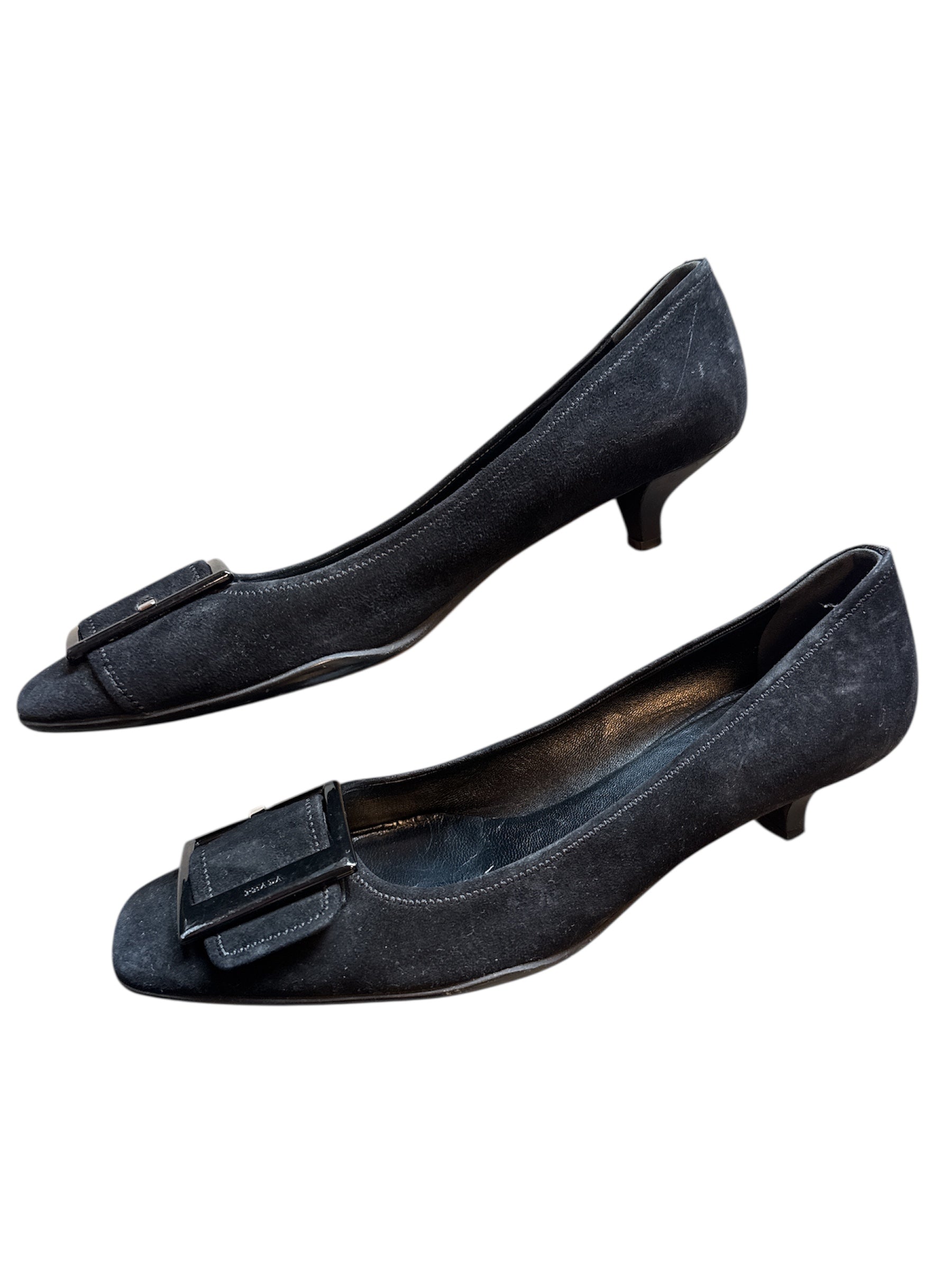 black prada square toed buckle kitten heels, 36 1/2