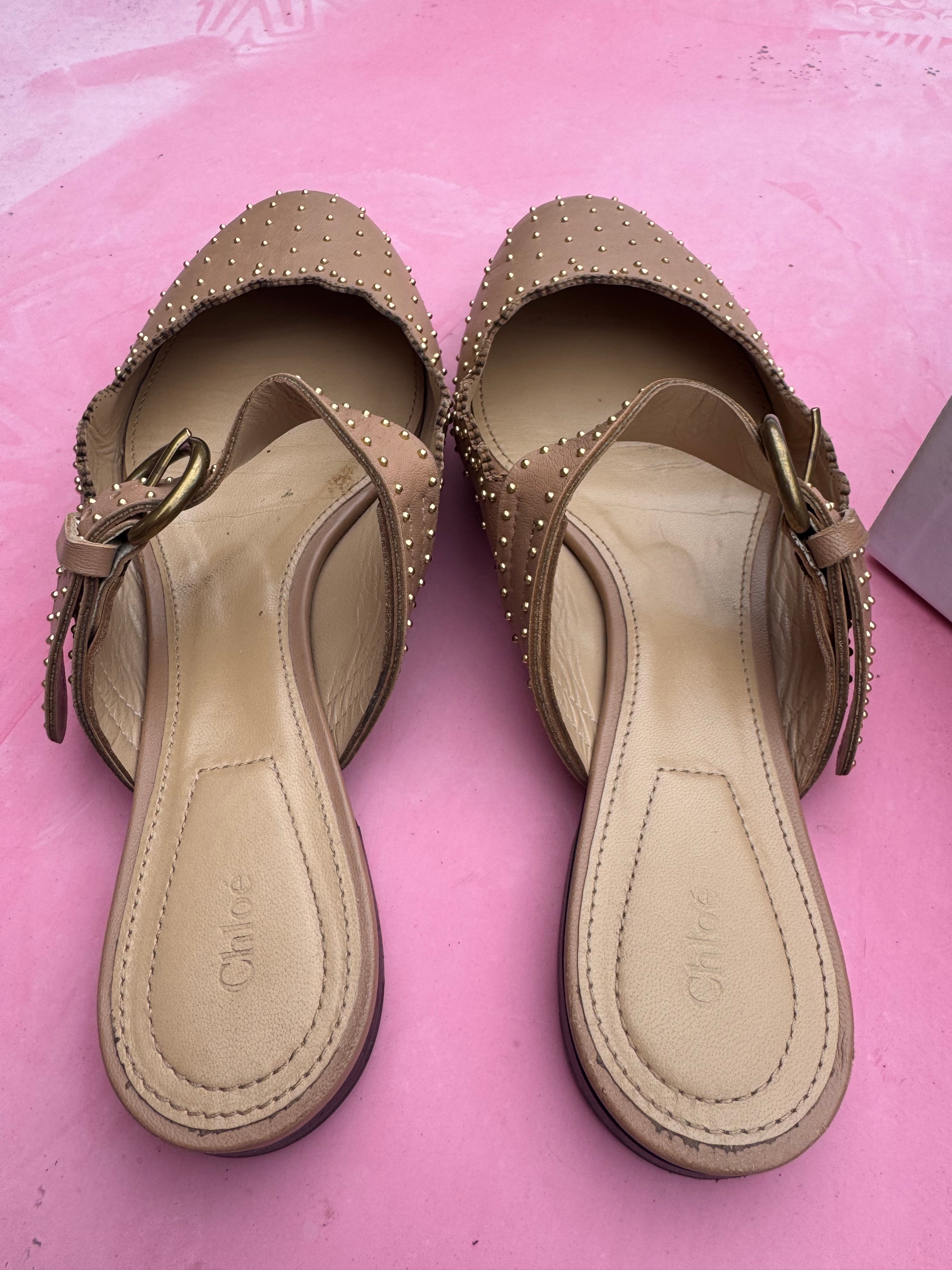 tan gold chloe studded slip on mary jane flats, 36.5