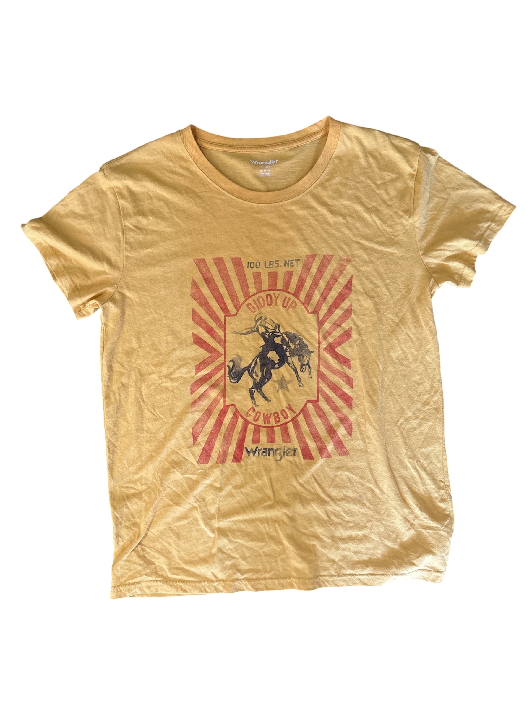 yellow red black wrangler giddy up cowboy tee, m