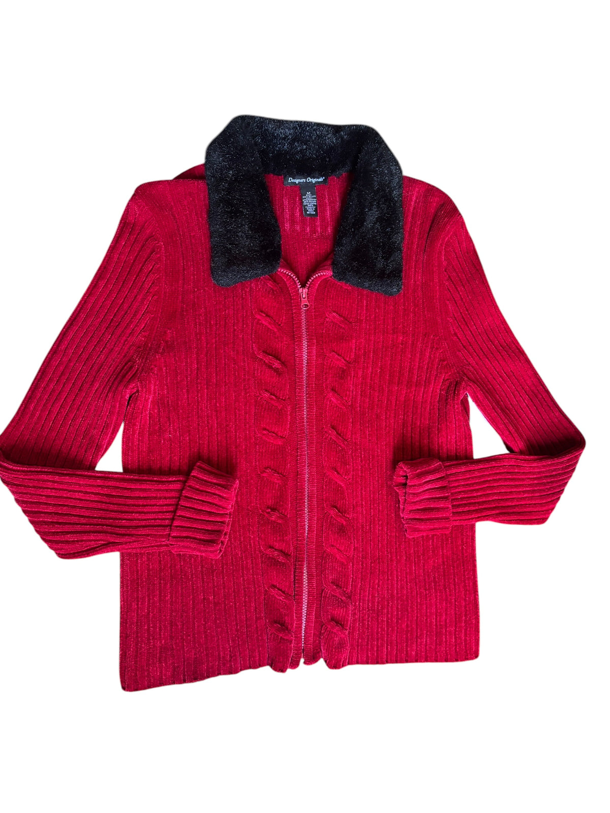 red black designers originals ribbed faux fur collar jacket, m