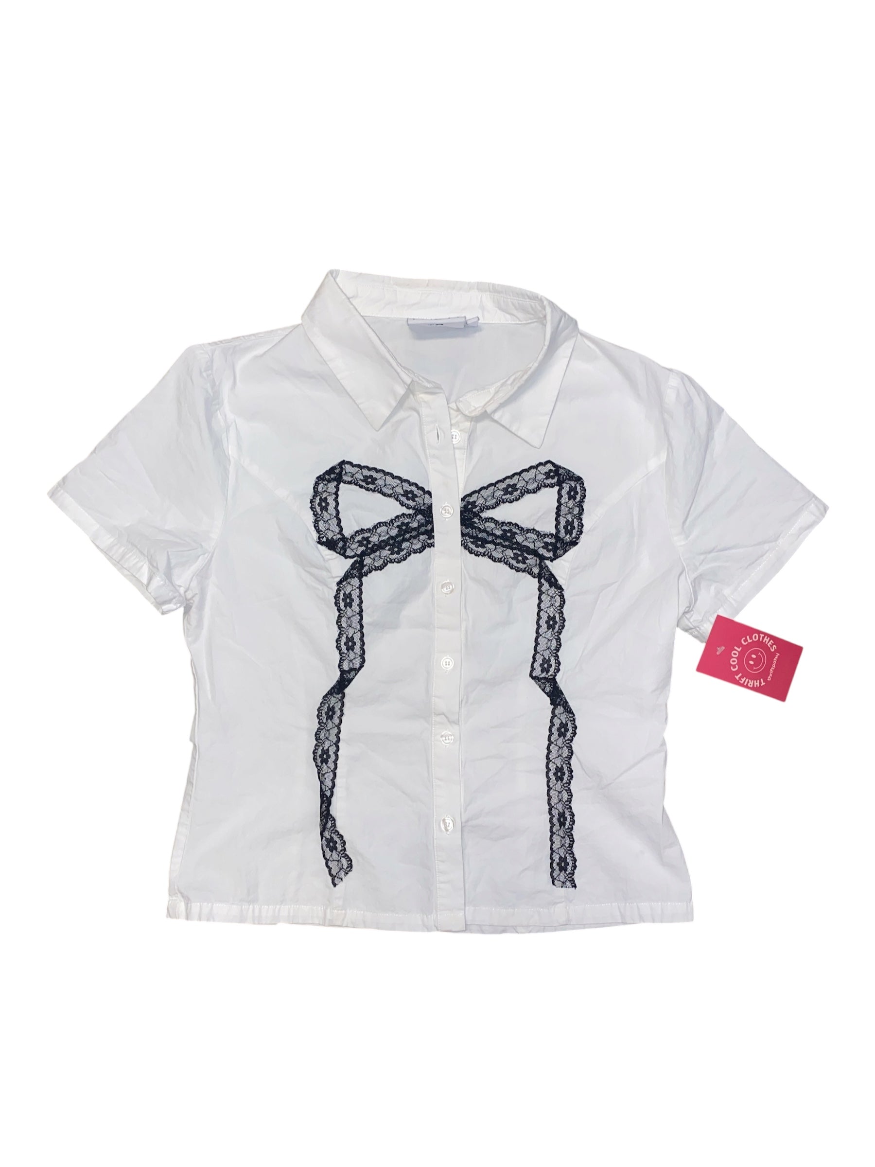 white black daisy street Lace bow ss button up, S