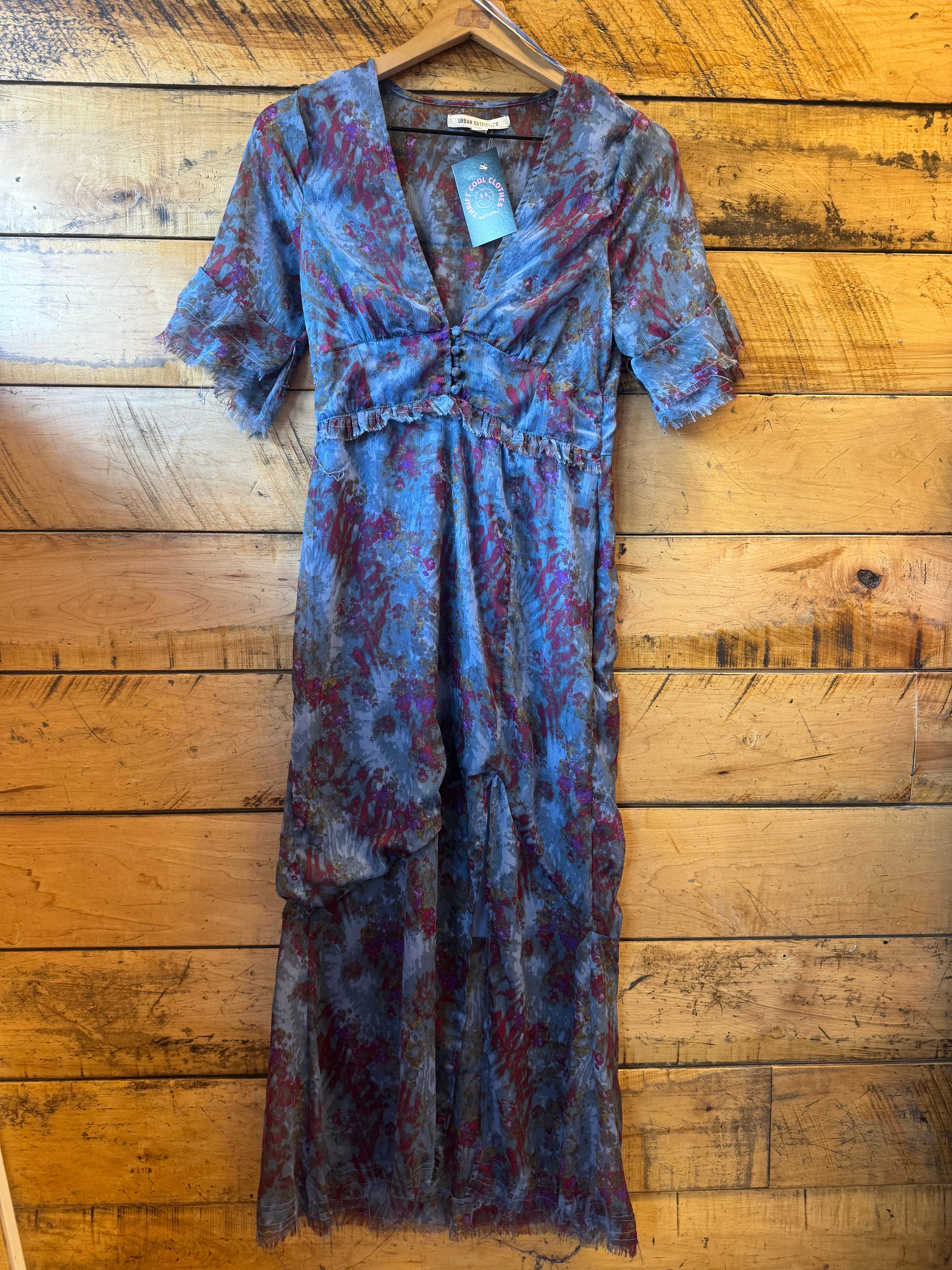 blue pink urban outfitters sheer floral flowy dress, m