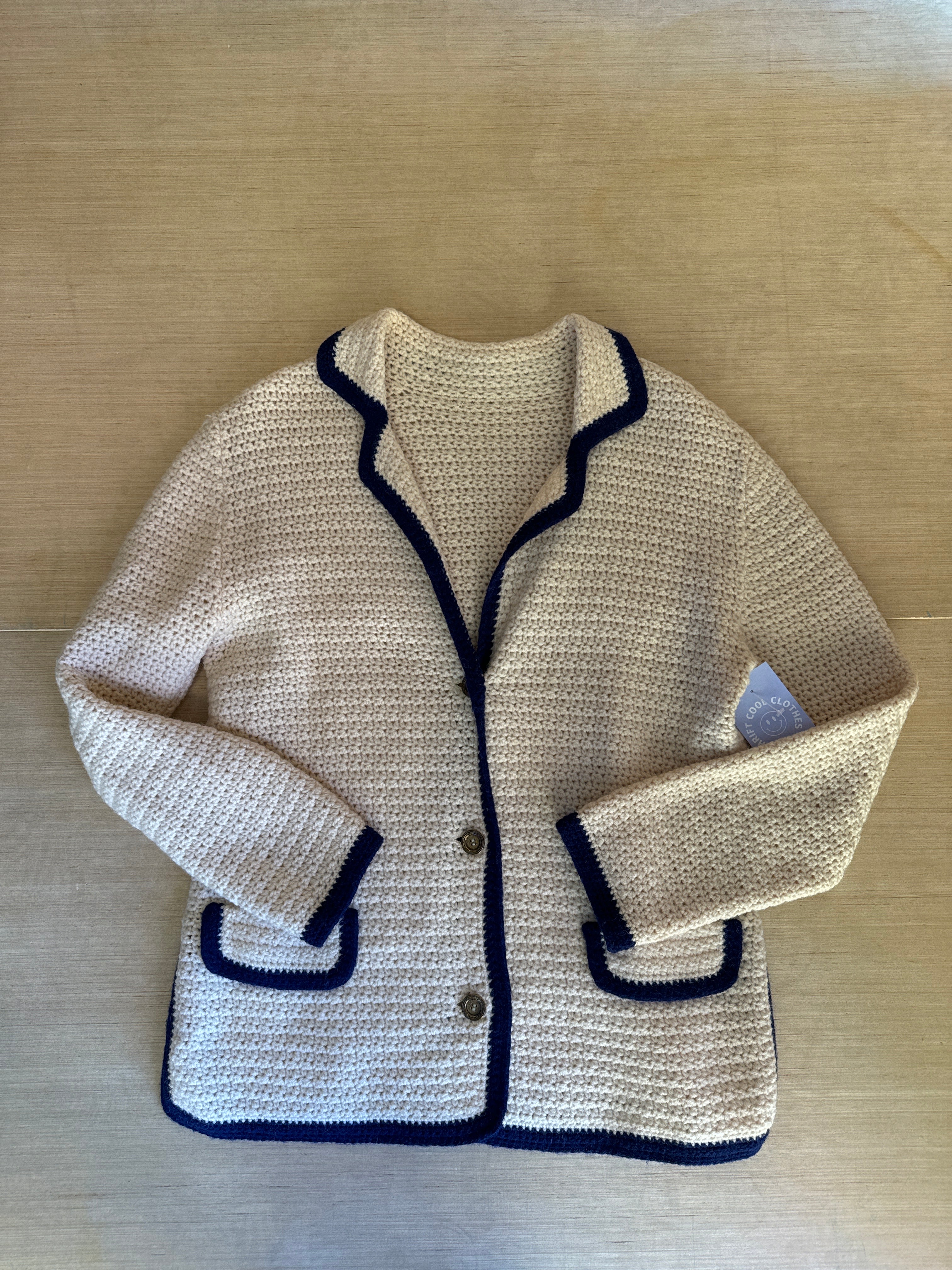 beige blue  hand knit blazer, m