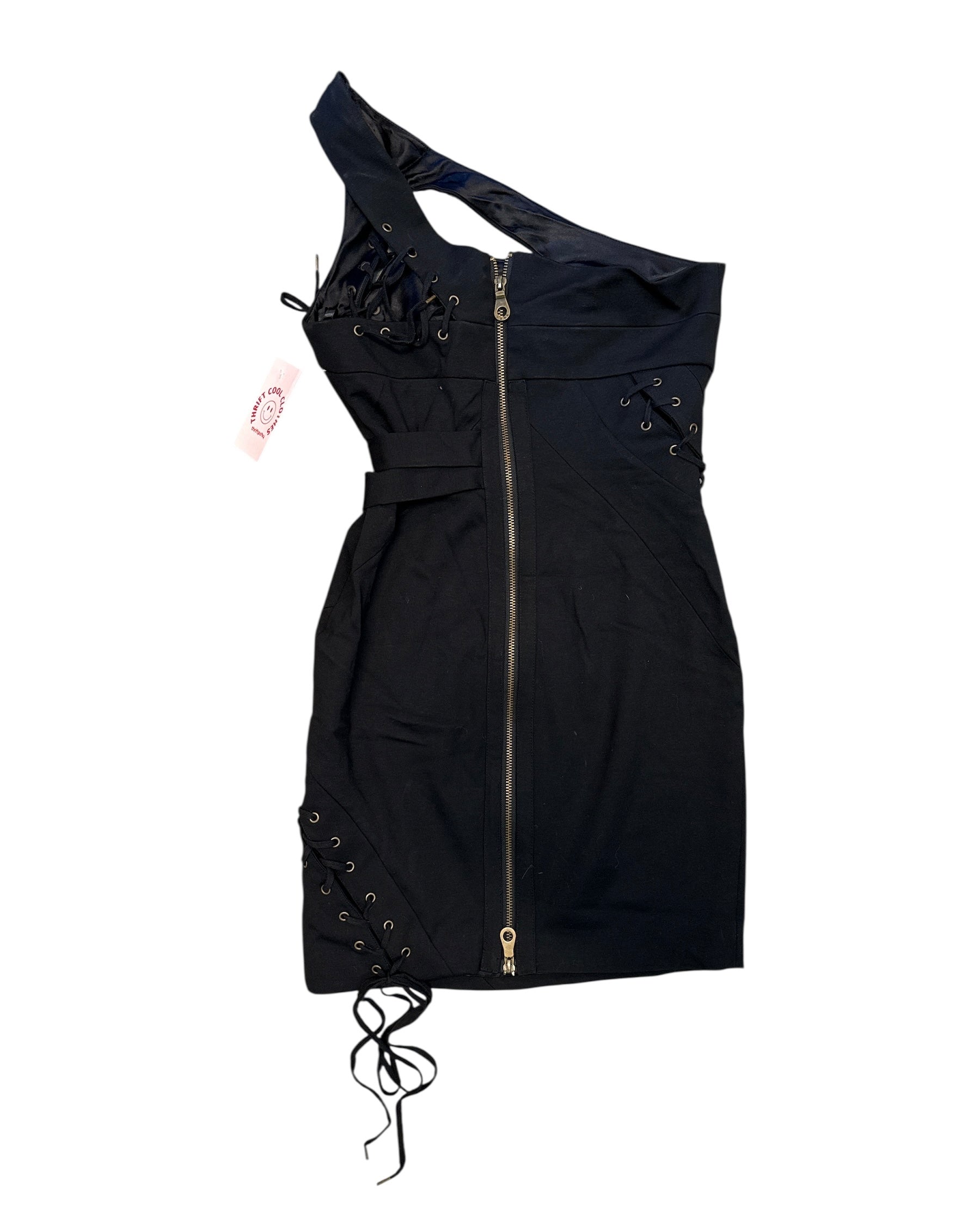 black lamb one shoulder dress w lace up and grommets, 0