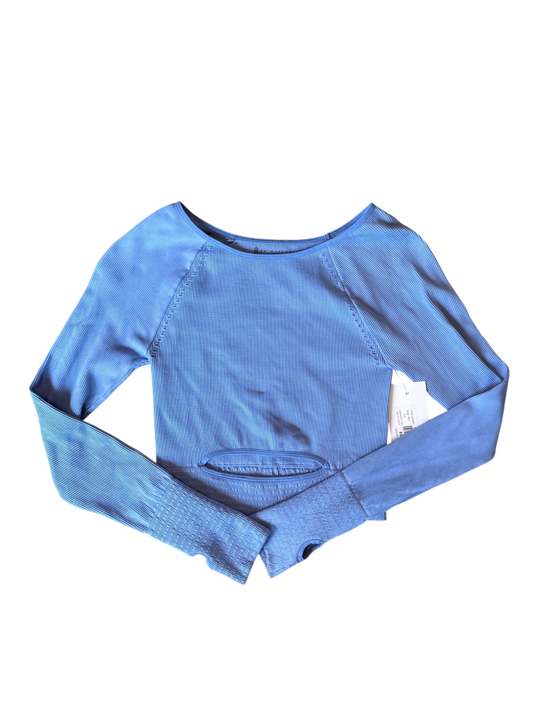 blue free people ribbed ls crop top w cutout, M/L