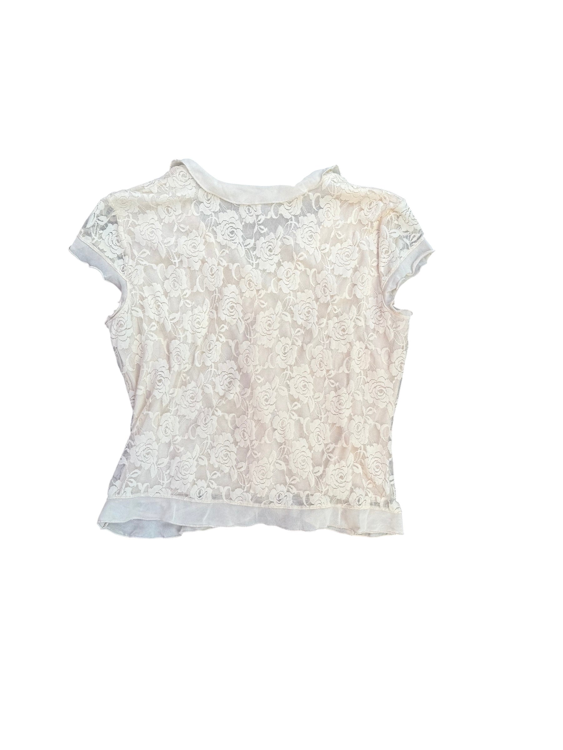 Cream Chapter one Floral lace v neck lettuce trim ss top, L