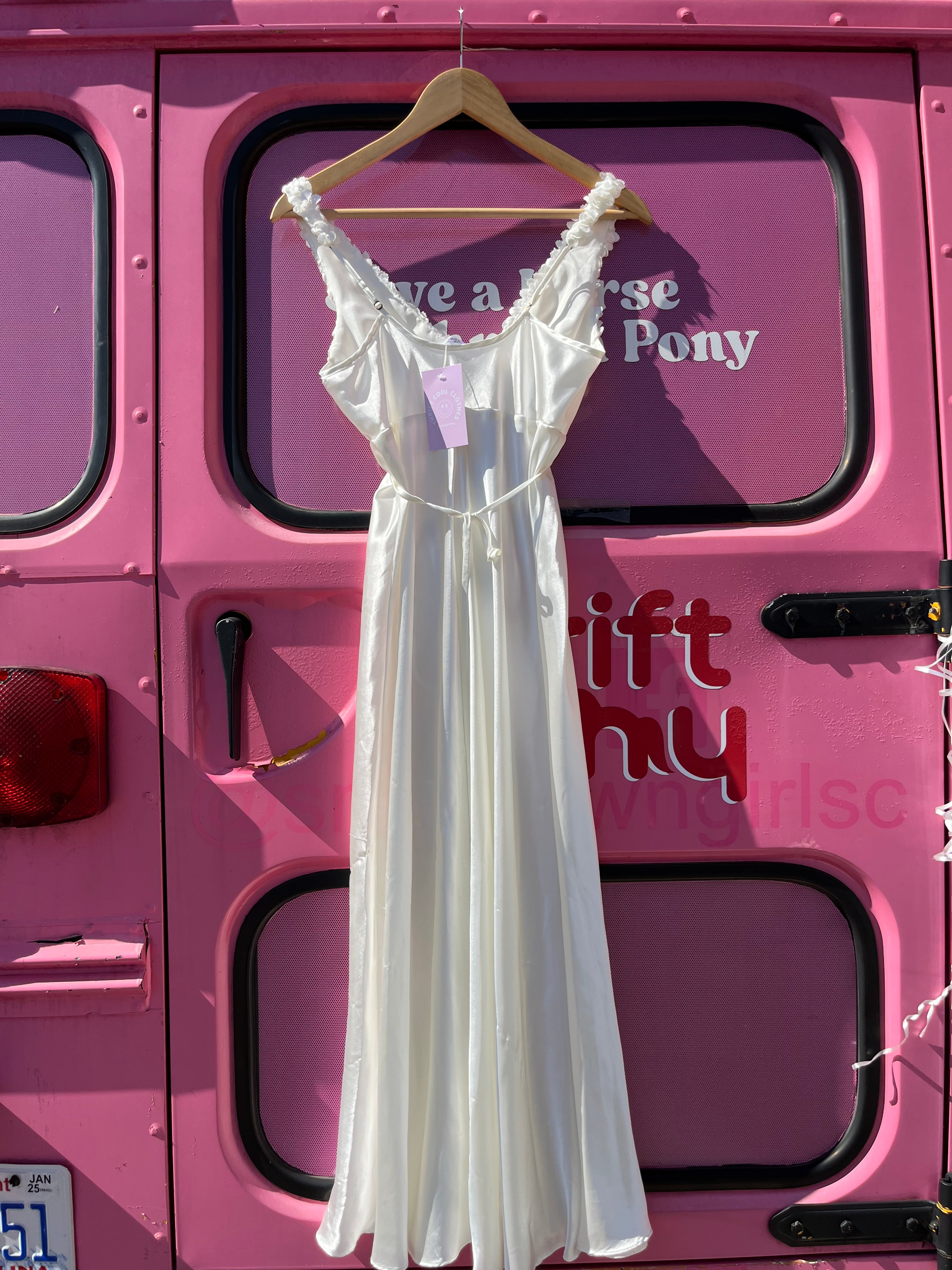 white flora satin dress 3d flowers on chest, s