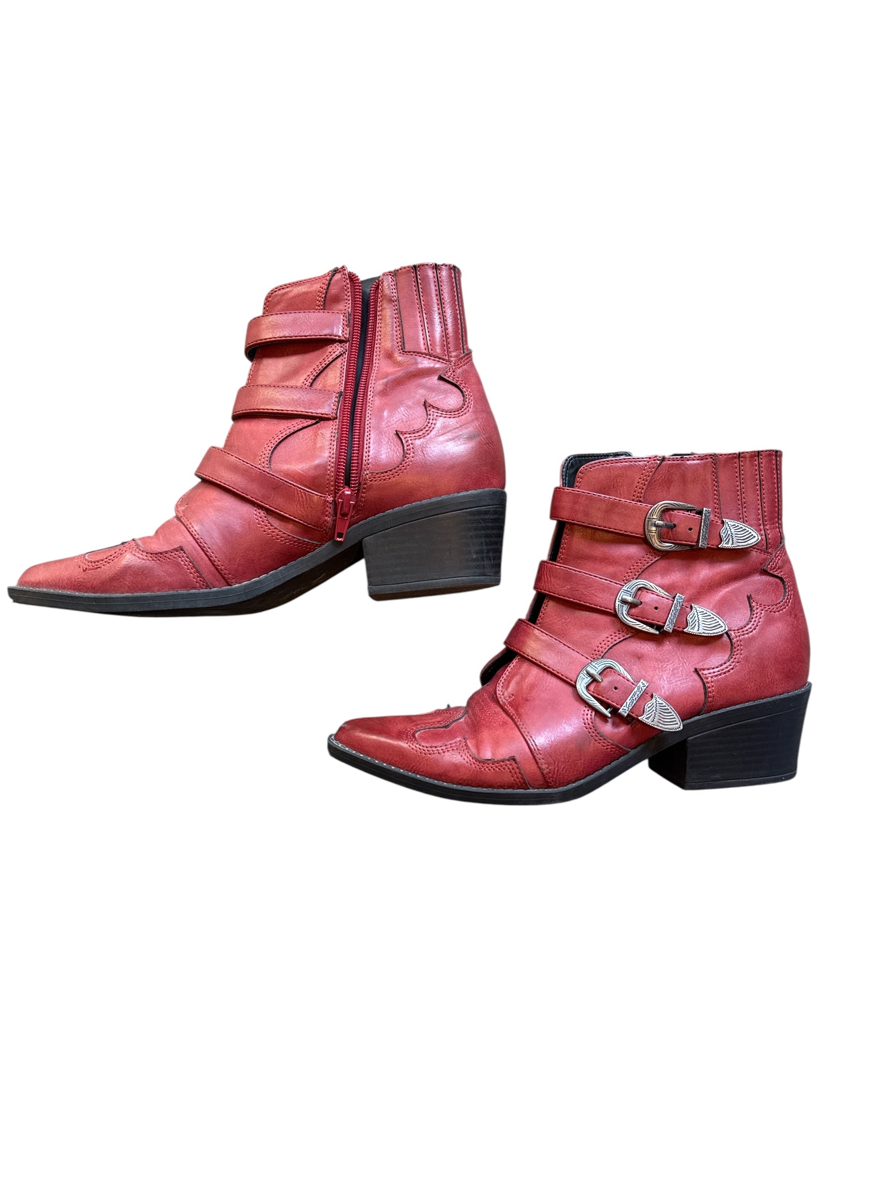 red indigo shoe boots w/ buckles, 6 1/2