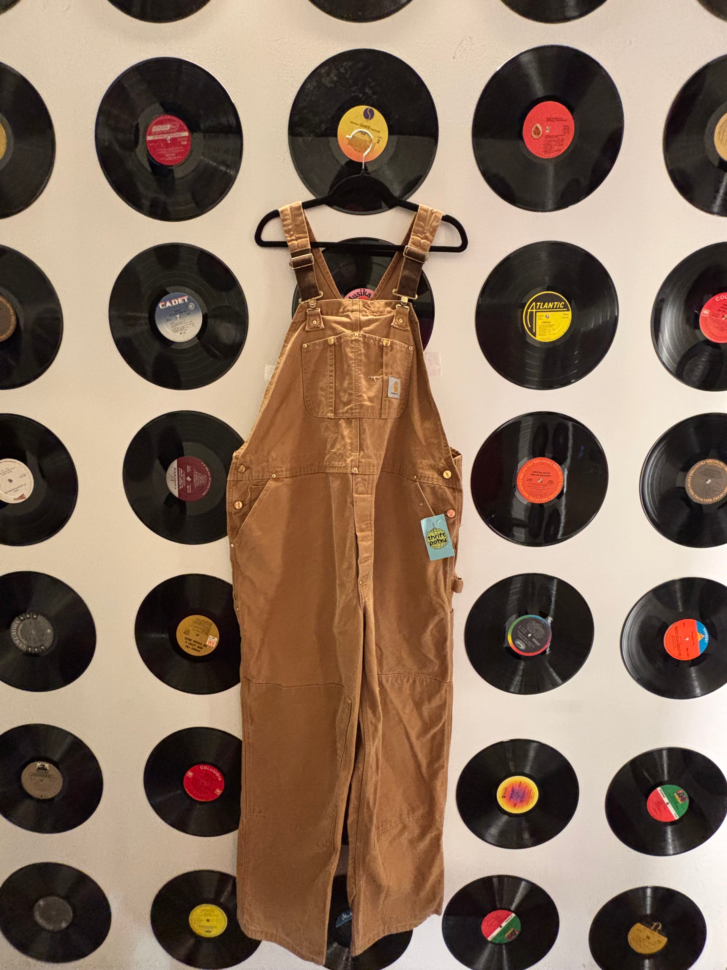 brown carhartt canvas overallls L