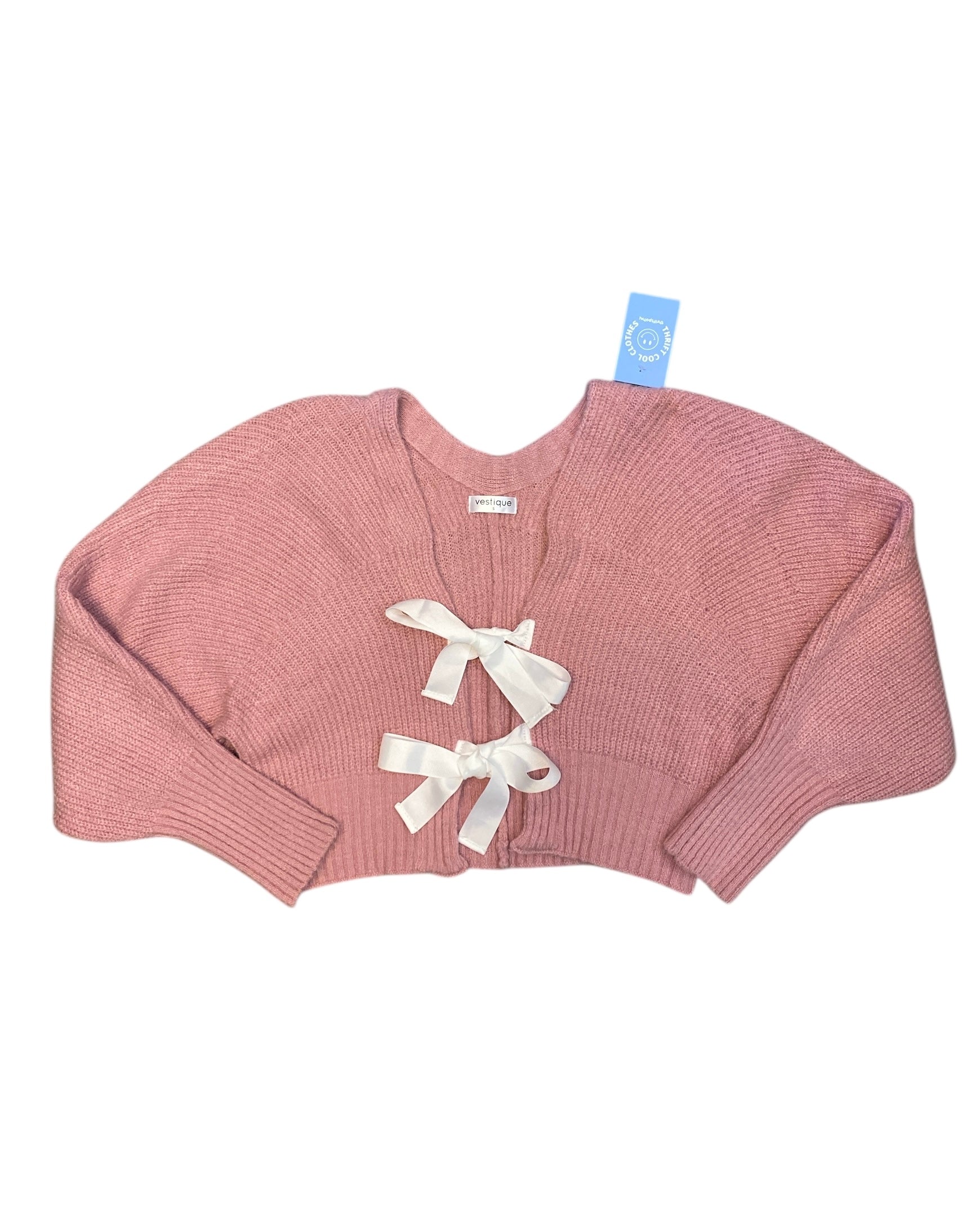 pink vestique tie front bow sweater, s