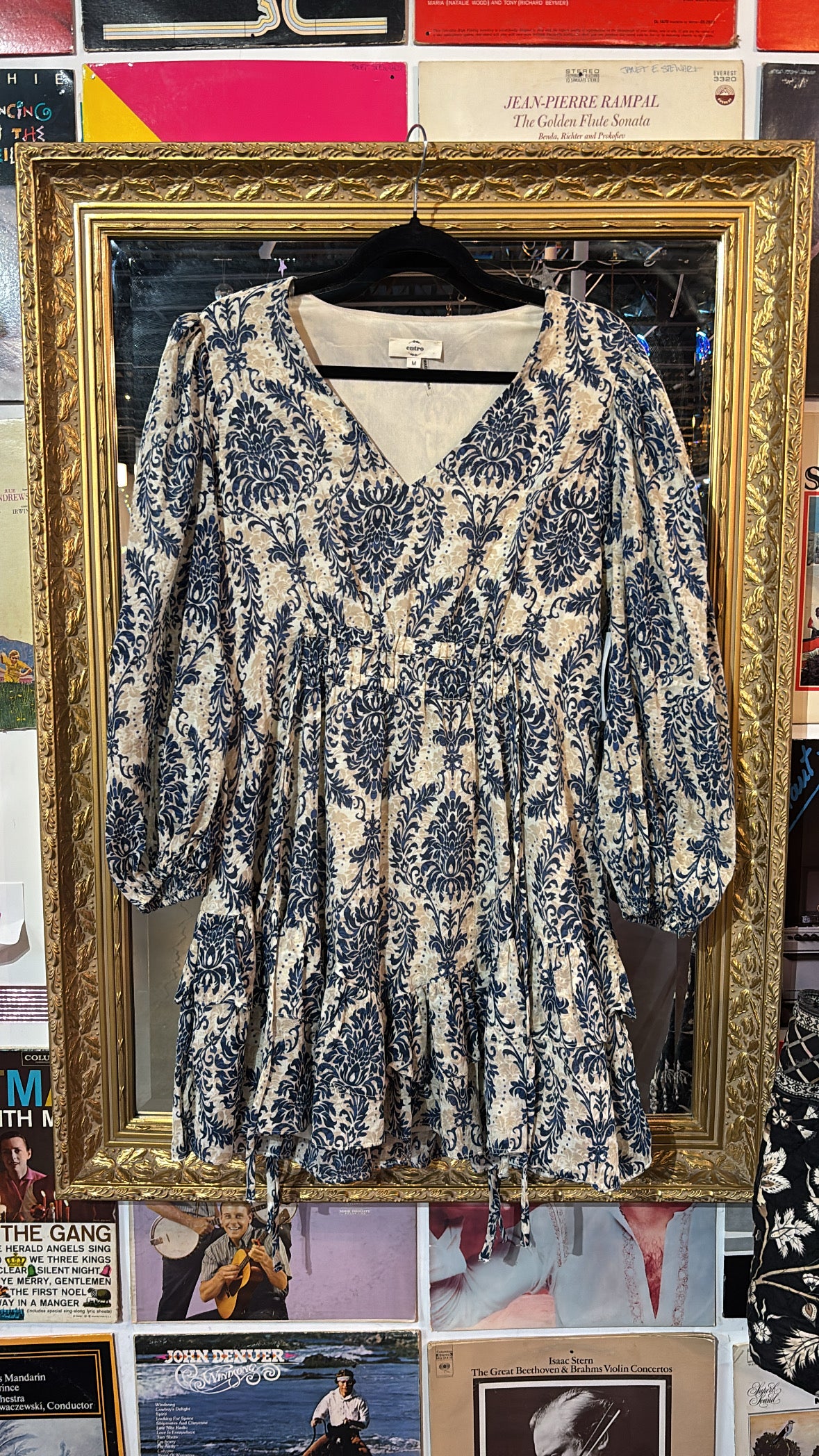 brown blue entro paisley ls mini dress, m