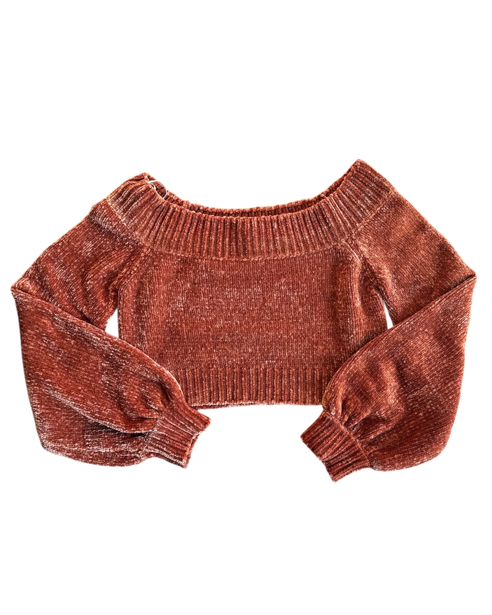 brown cliche chenille off shoulder sweater, xs