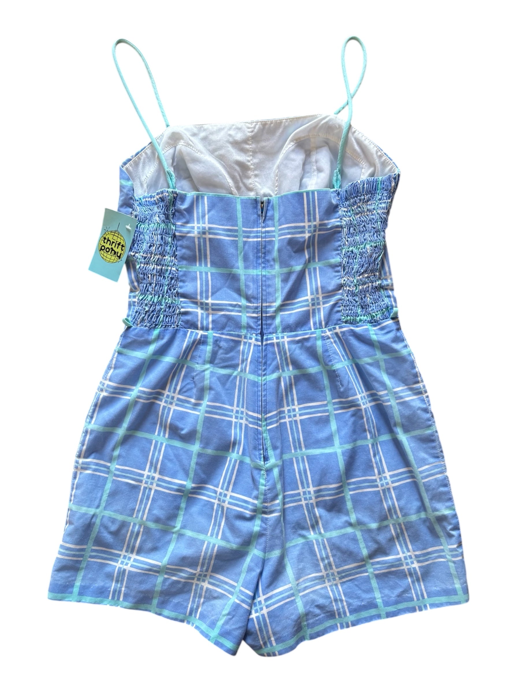 Blue white Vtg Plaid Beachy romper Overalls, 12