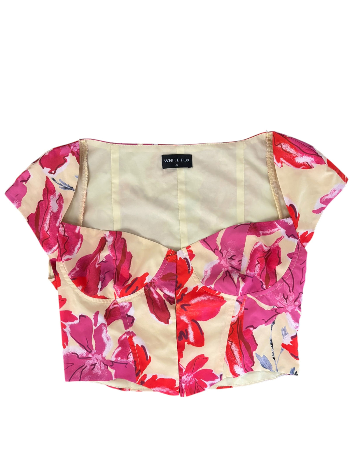 yellow pink white fox floral bustier clasp top, s