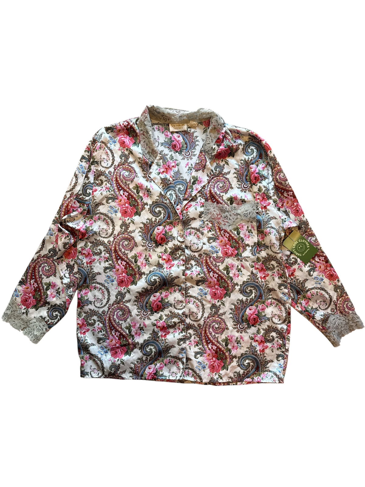 white green pink victorias secret paisley floral ls silky sleep top, l