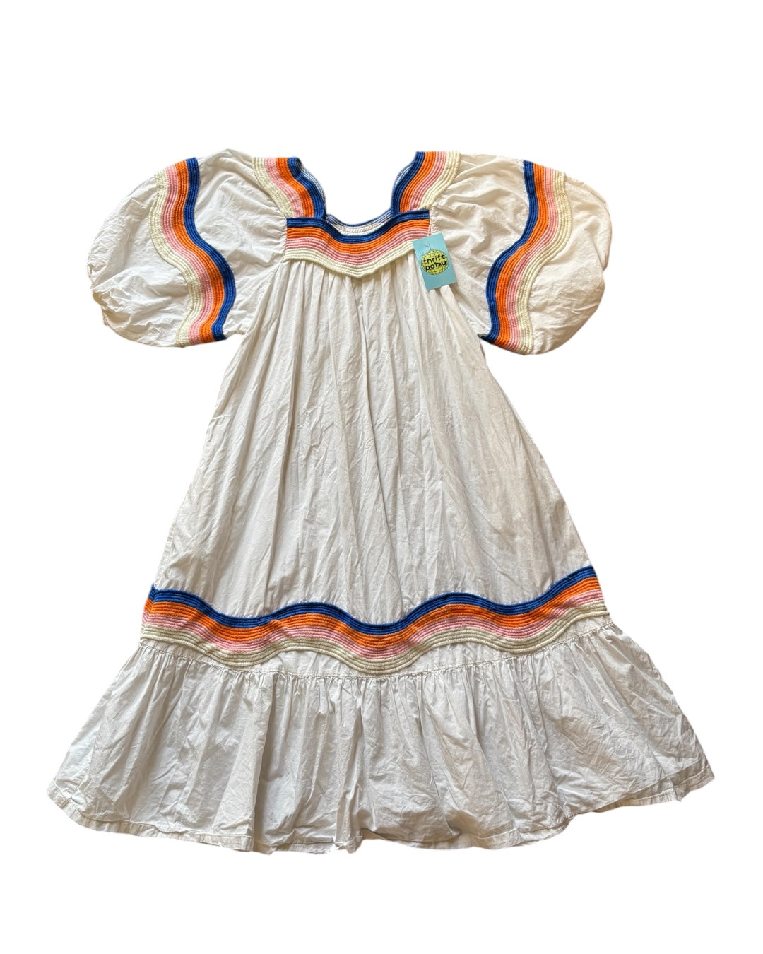 white blue orange coreylynncalter embroidered puff sleeve midi dress, m