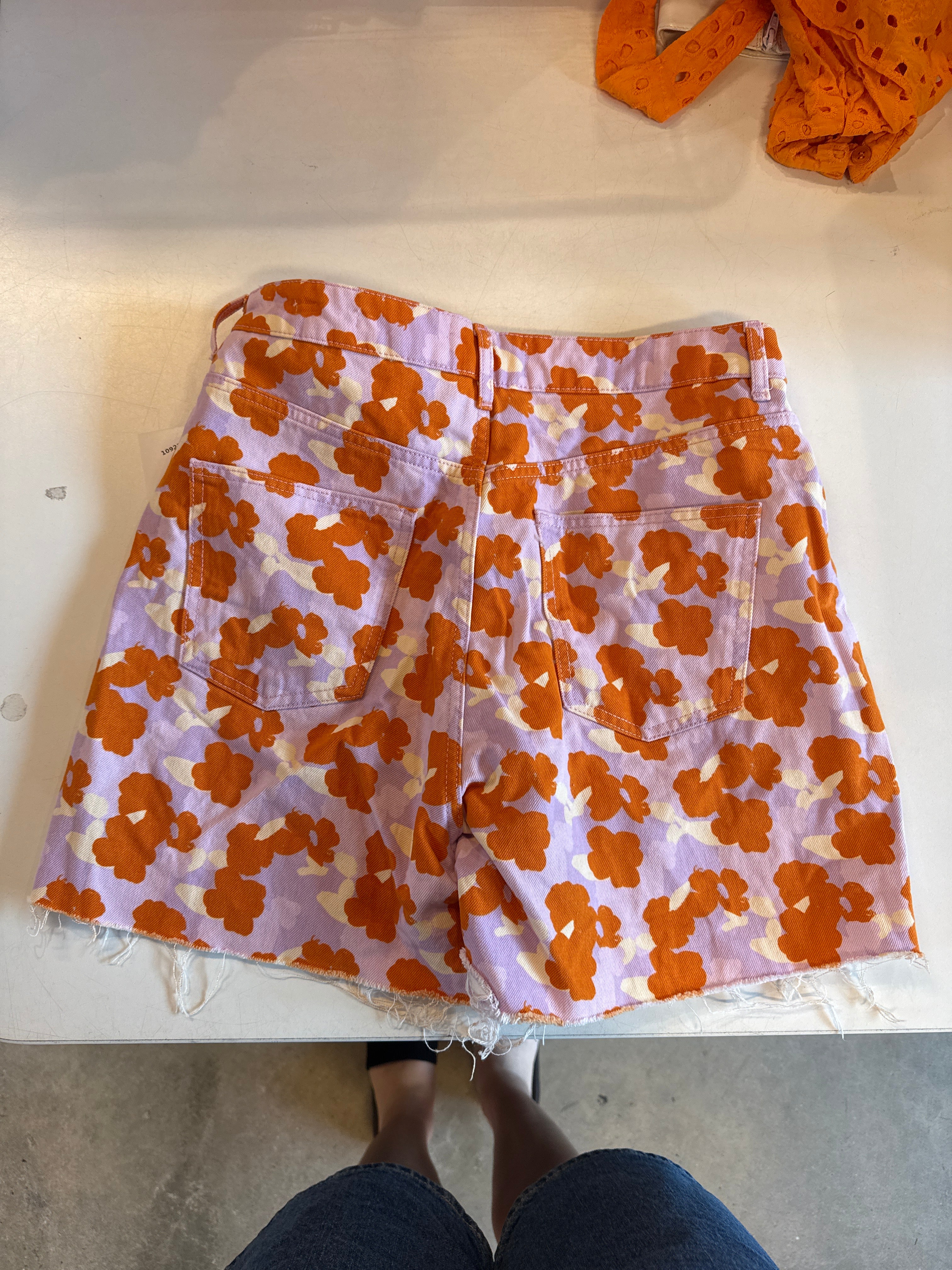 purple orange zara floral denim shrots, 8