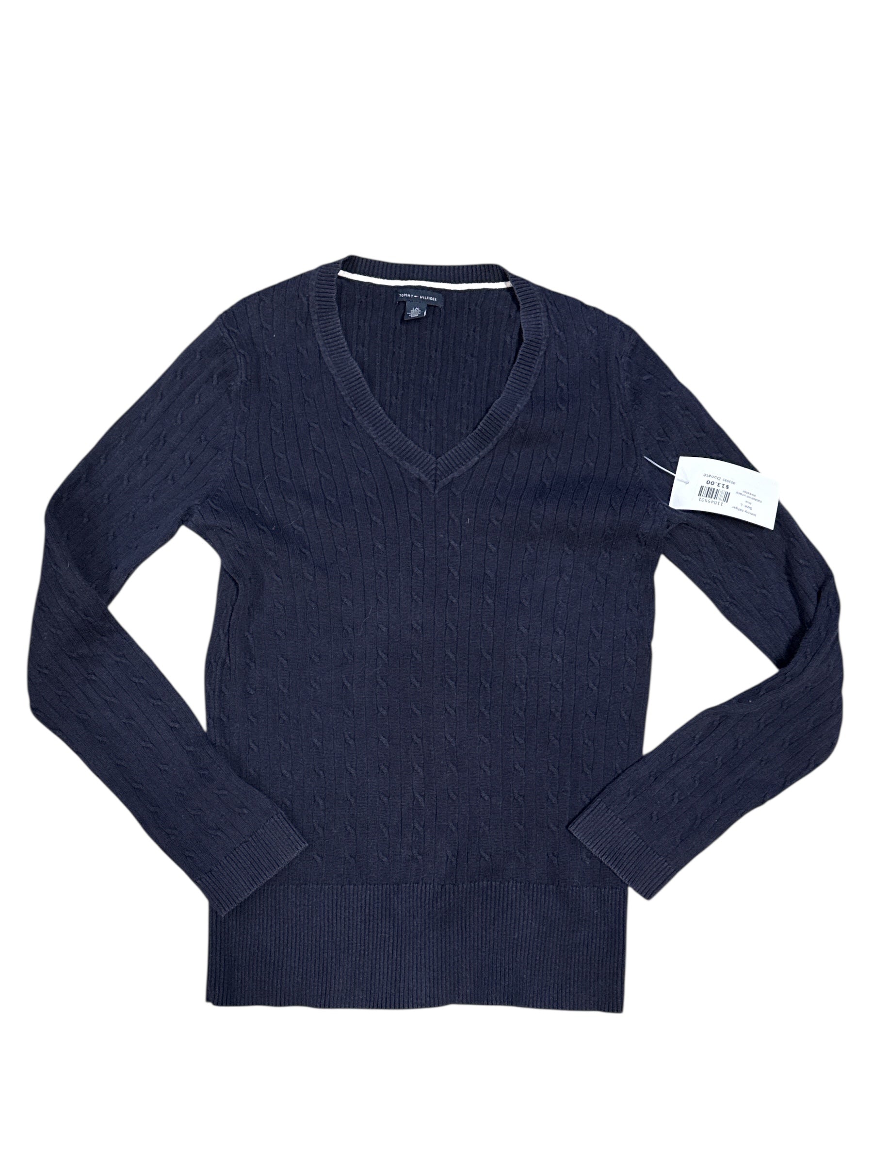 blue tommy hilfiger cableknit vneck sweater, L