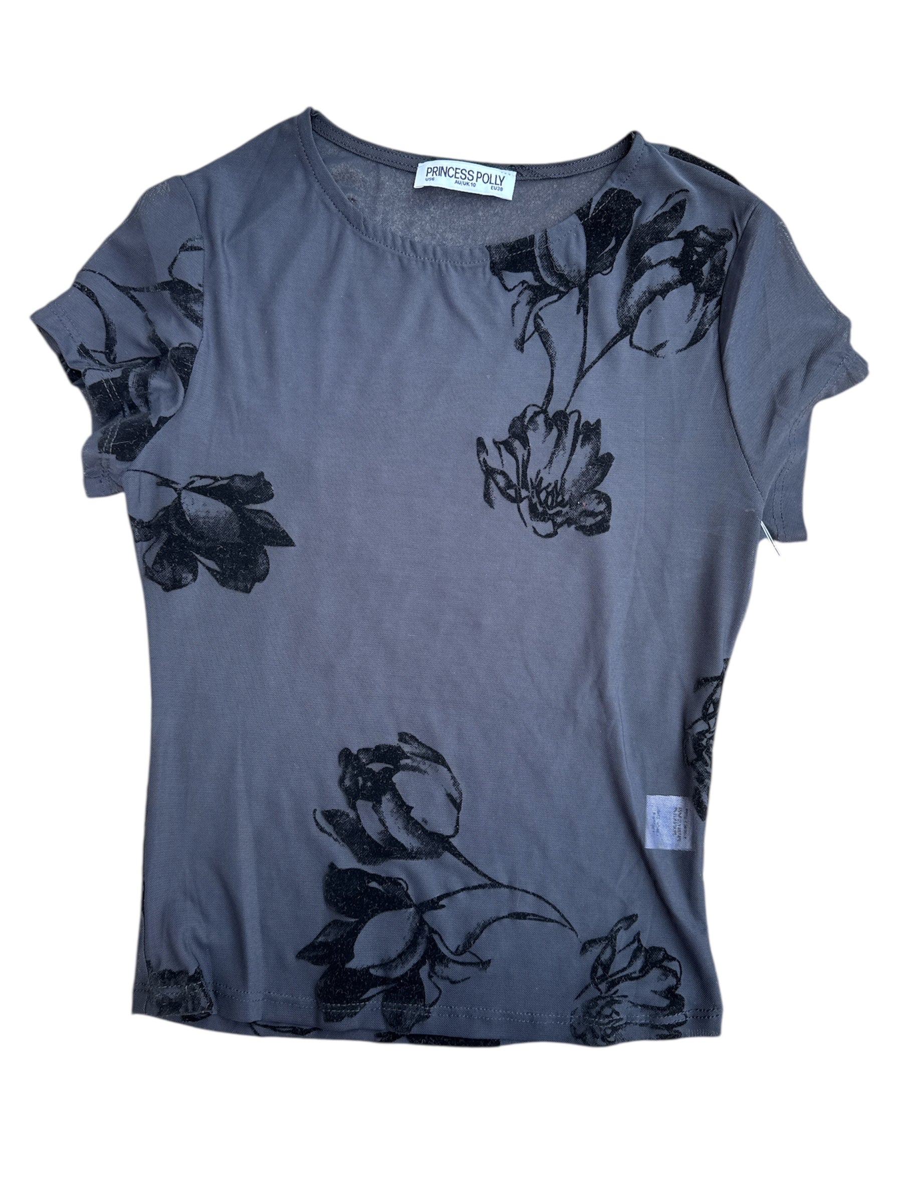 Black Princess polly Velvet floral ss mesh top, 6