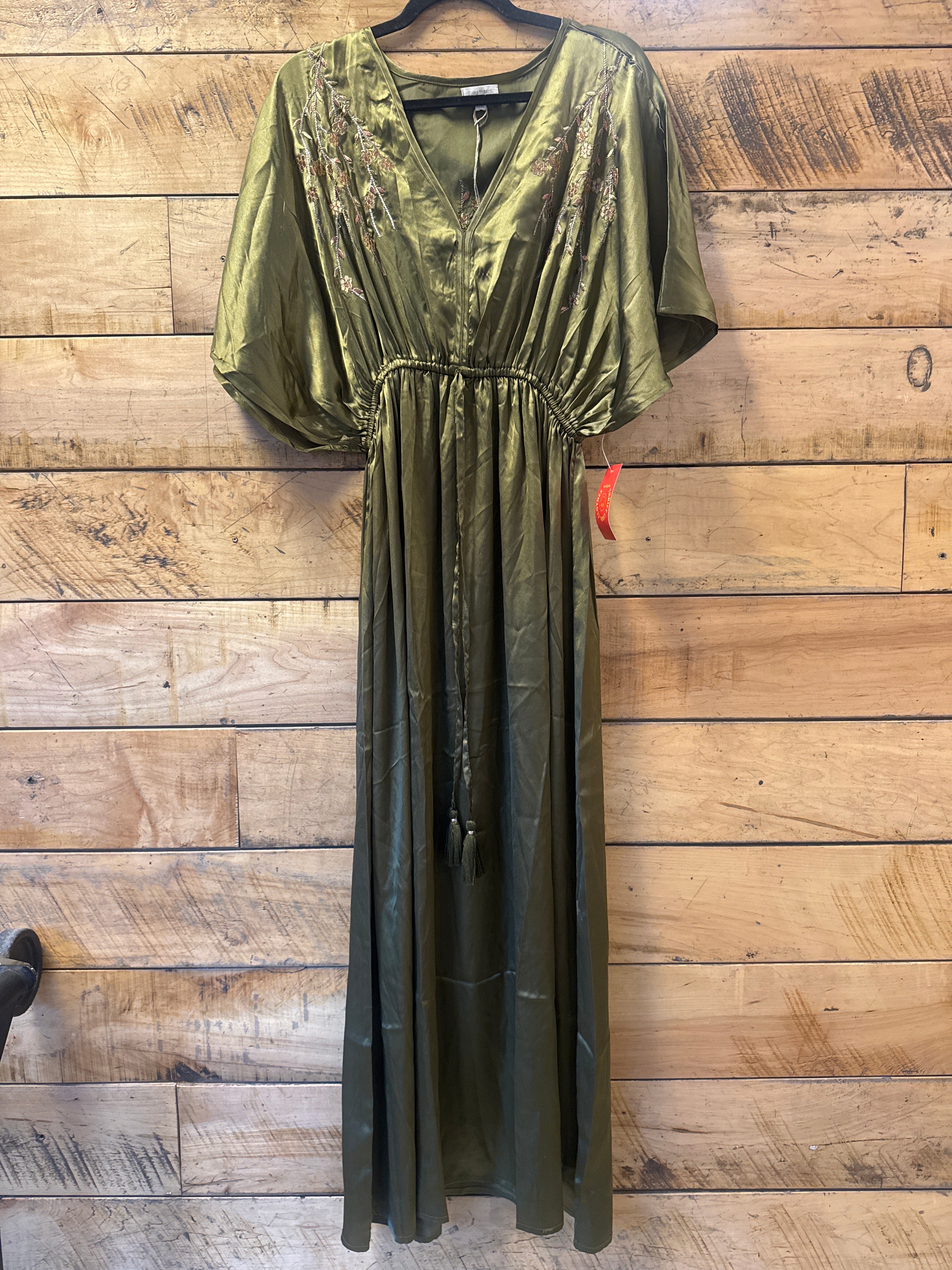 green gold world market nwt satin dress w sparkle embroider, L/xl